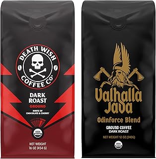 Death Wish Coffee, Dark Roast Grounds 16 Oz & Valhalla Java Ground 12 Oz - Extra Kick of Caffeine in 1 Powerful Bundle - Hardcore Coffee from Arabica & Robusta Beans for Tough Days