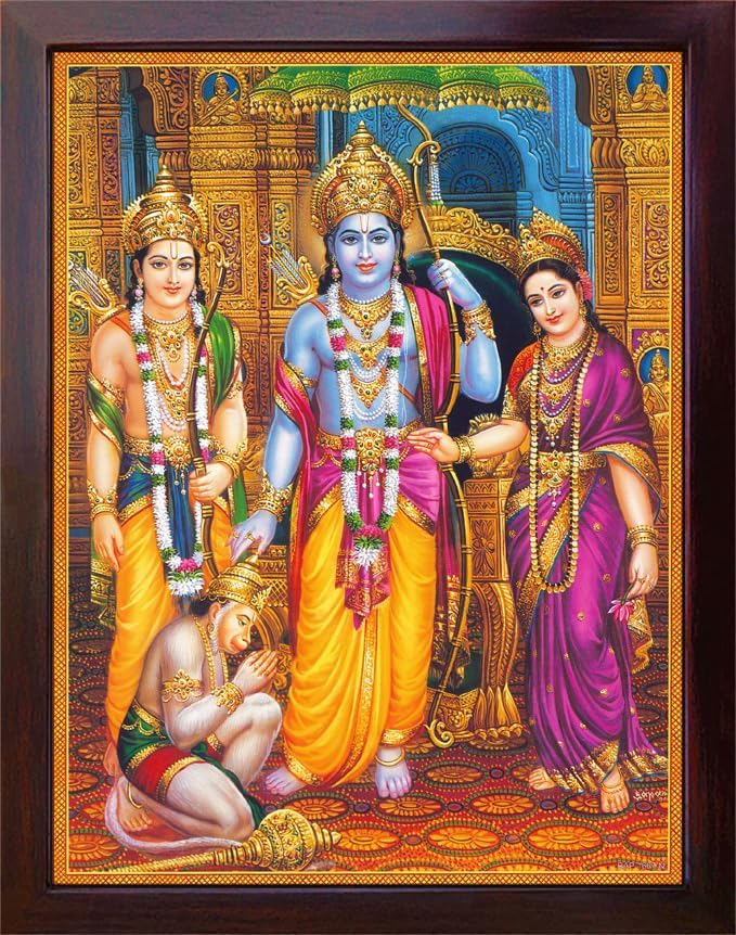 SANVIKA Hanuman Showing His Humbleness in Ram Darbar and Mata Sita Giving Blessings. A Holy Religious Poster Painting with Frame for Hindu Worship Purpose (COL7)