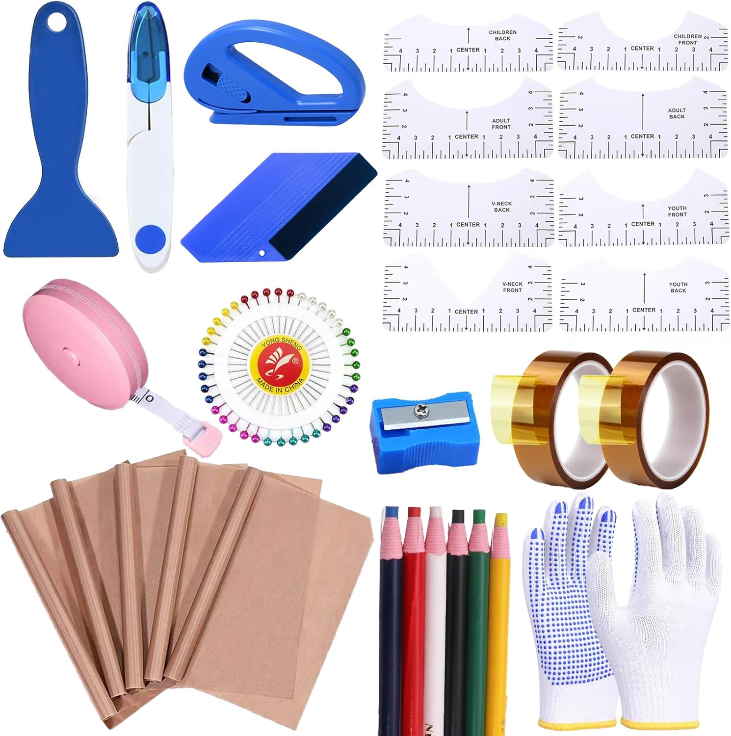 30 Pcs T Shirt Heat Press Starter Kit,Sublimation Shirts Tool Kits with 5 Pcs Teflon Sheets for Heat Press, 8 Pcs T Shirt-Ruler Guide to Center Vinyl, 2 Rolls Heat Resistant Tape