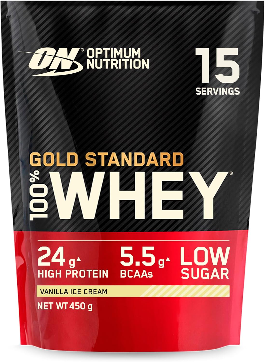 Optimum Nutrition Gold Standard 100% Whey Muscle Building and Recovery Protein Powder With Naturally Occurring Glutamine and BCAA Amino Acids, Vanilla Ice Cream Flavour, 15 Servings, 450 g