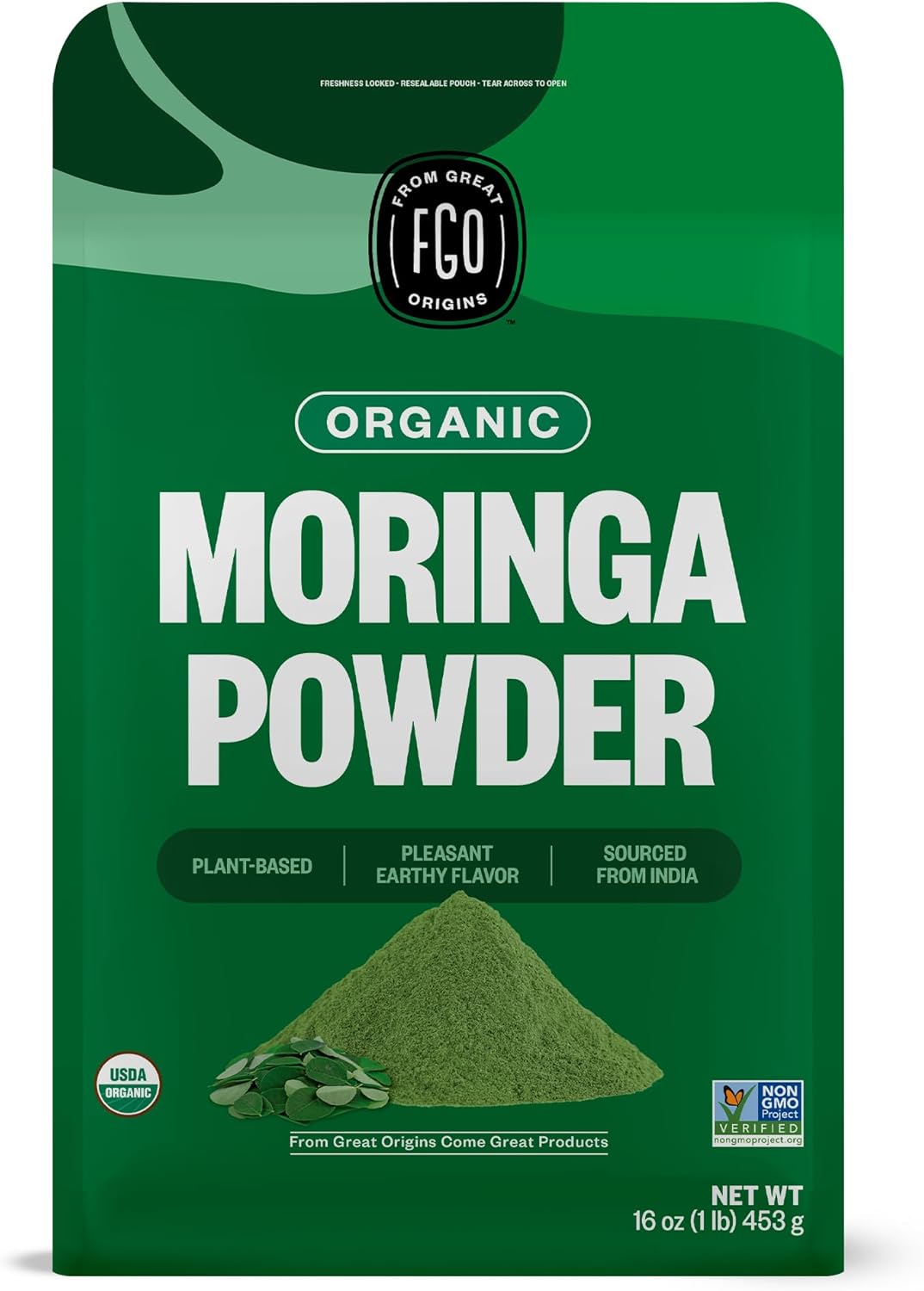 FGO Organic Moringa Oleifera Leaf Powder, 16oz Bulk Resealable Pouch, Sourced from India, Non-GMO, Packaging May Vary (Pack of 1)