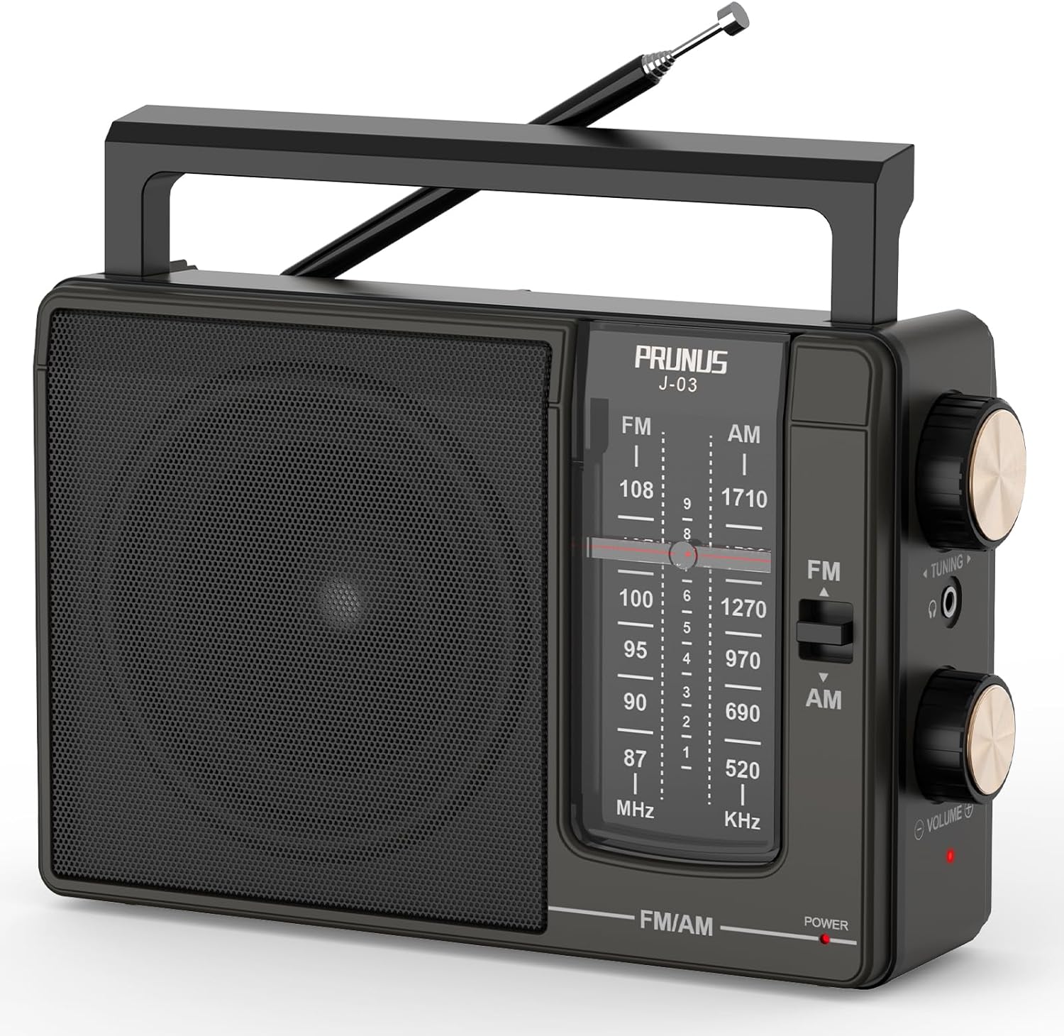 PRUNUS J-03 Portable Radio, AM FM Radio, Radios Mains and Battery, Large Display and Knob, Large Speaker, Excellent Sound, Headphone Jack, Excellent Reception, Easy to Use for Elderly