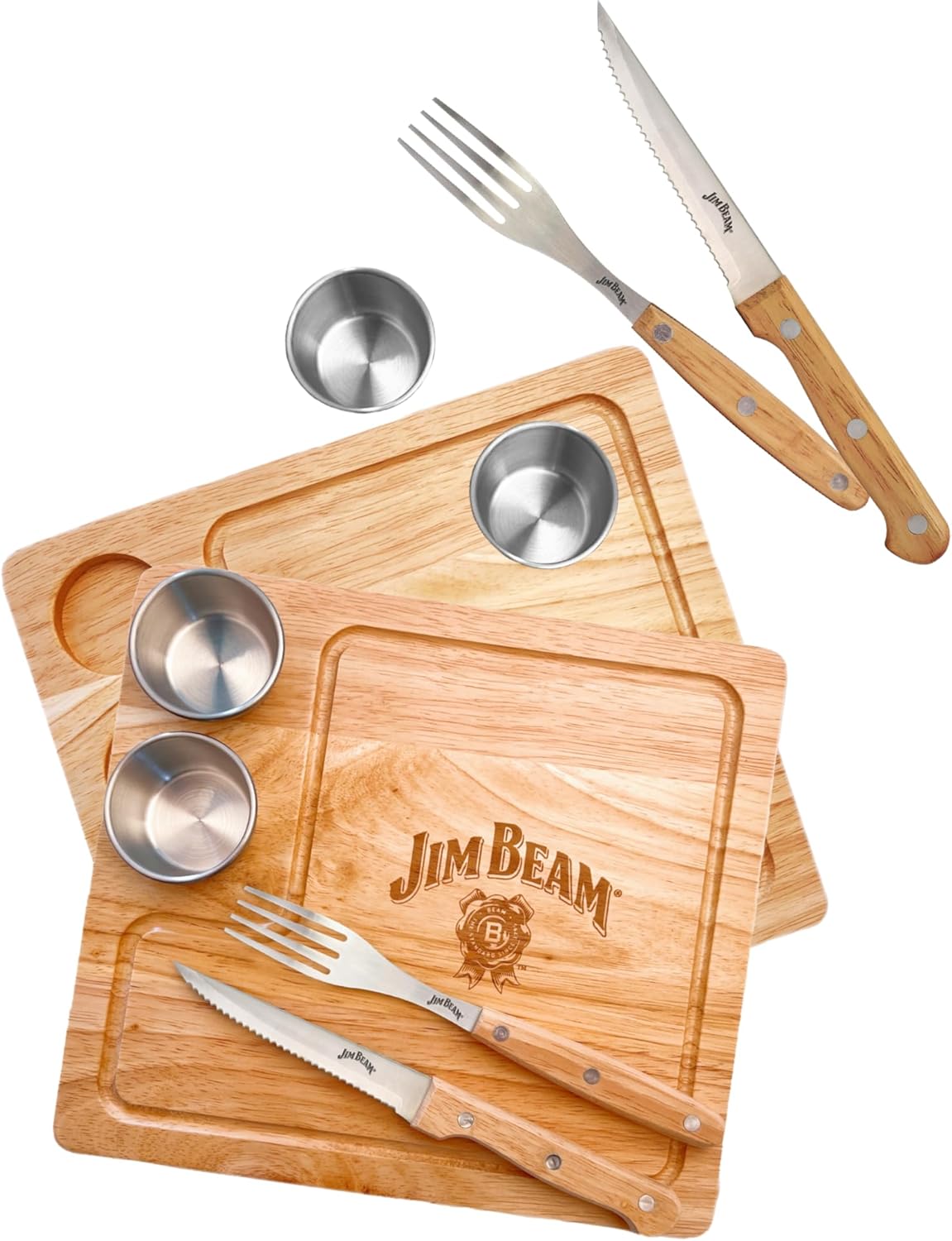 Jim Beam® 2 Pack Steak Serving Set - Durable Para-wood Serving Boards, Built-in Drip Grooves, Anti-Skid Feet, Service for Two, Includes Forks, Knives, and Sauce Cups, Board Size 10" x 9" x 0.4"
