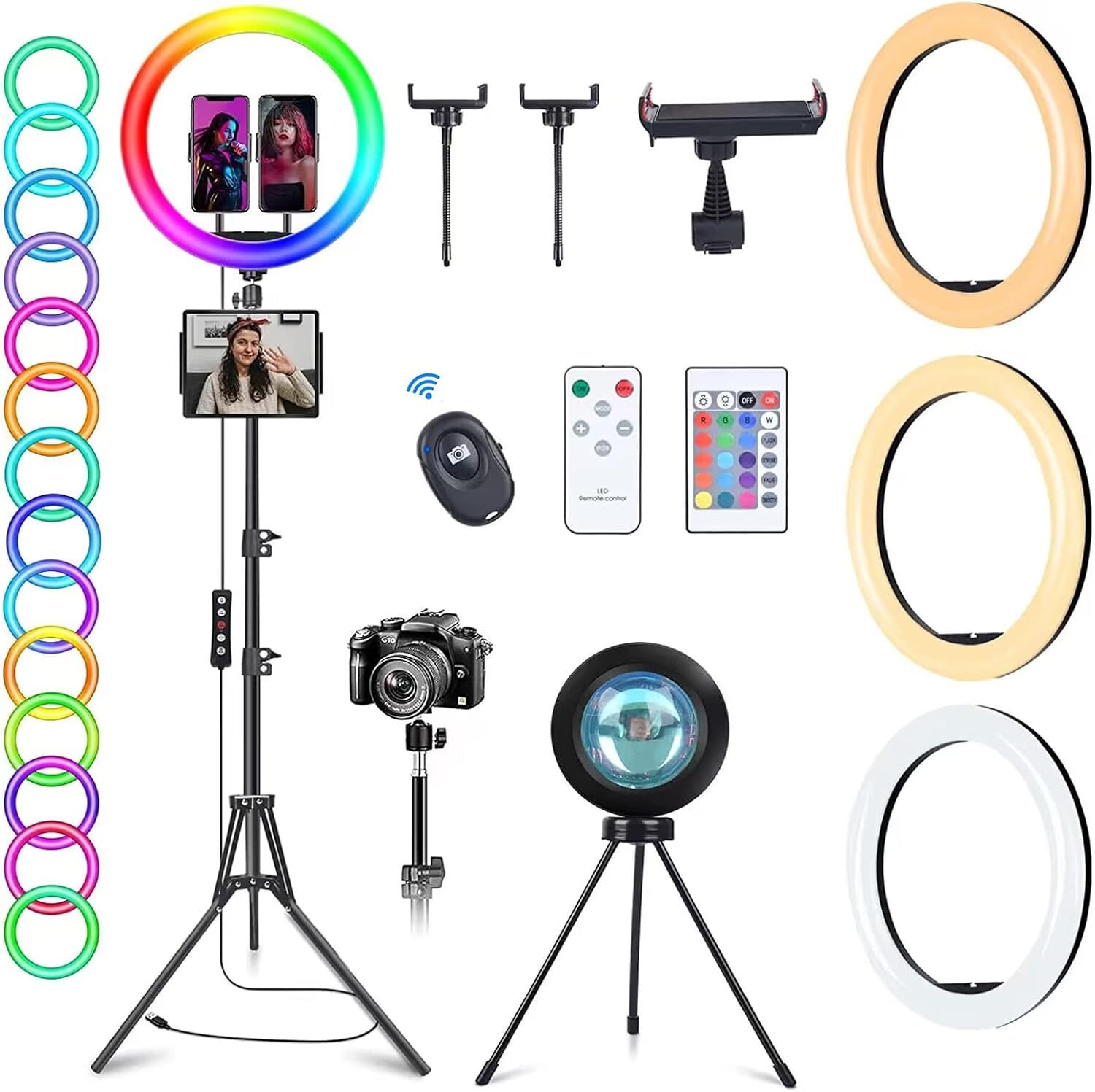 13" RGB Ring Light with Stand and 2 Phone Holders Tall 63", Sunset Lamp & 51 Colors Modes Selfie Ringlight with Desk Tripod, 218 LEDs Circle Light Kits for TikTok/Live Stream/Makeup/YouTube