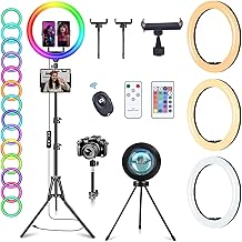 13" RGB Ring Light with Stand and 2 Phone Holders Tall 63", Sunset Lamp & 51 Colors Modes Selfie Ringlight with Desk Tripod, 218 LEDs Circle Light Kits for TikTok/Live Stream/Makeup/YouTube