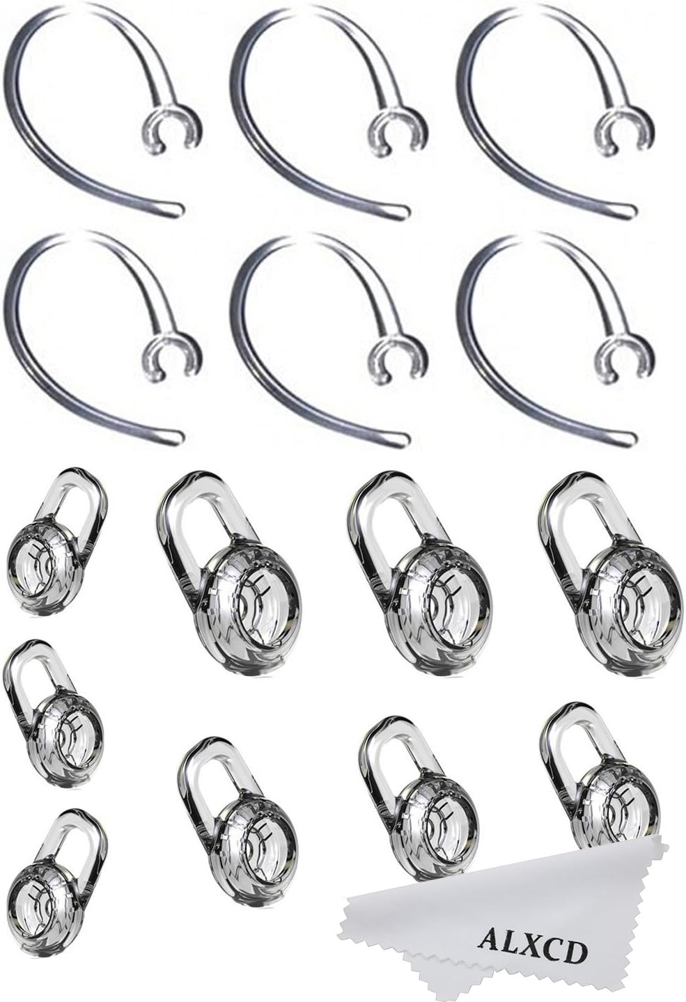 ALXCD Earbud Gel & Ear Hook for Plantronics, ALXCD 9 Pcs (Small/Medium/Large) Clear Replacement Eargel & 6 Pcs Clear Ear Hook, Fit for Plantronics M155 M165 M1100 M100 M55 M28 M25 Voyager Edge (6+9)