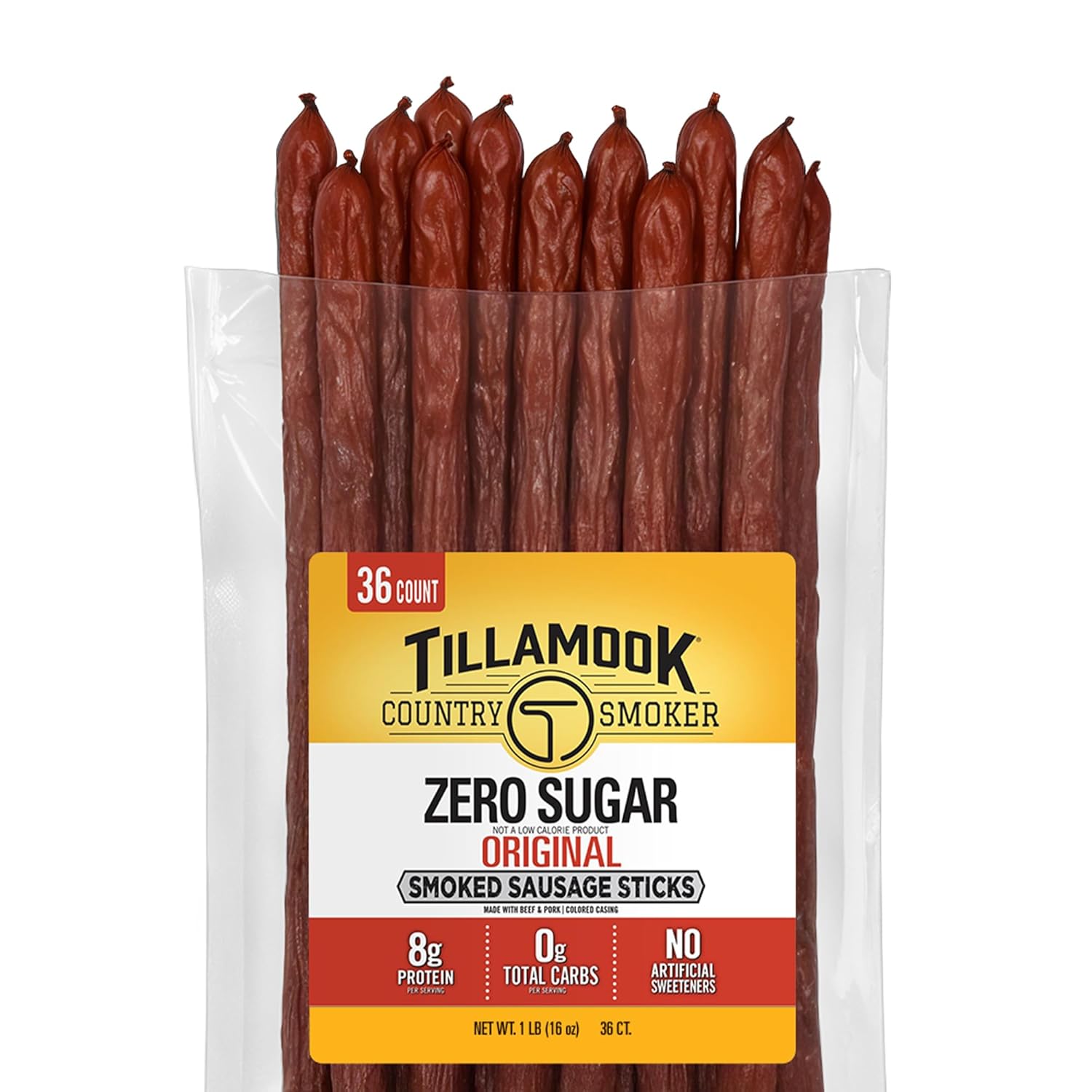 Tillamook Country Smoker Smoked Sausage, Zero Sugar, Original, 16 Ounce (36 Count Meat Sticks Bulk Pack) Real Hardwood Smoked Sausages, Low Carb, High Protein Ready to Eat Keto Snack