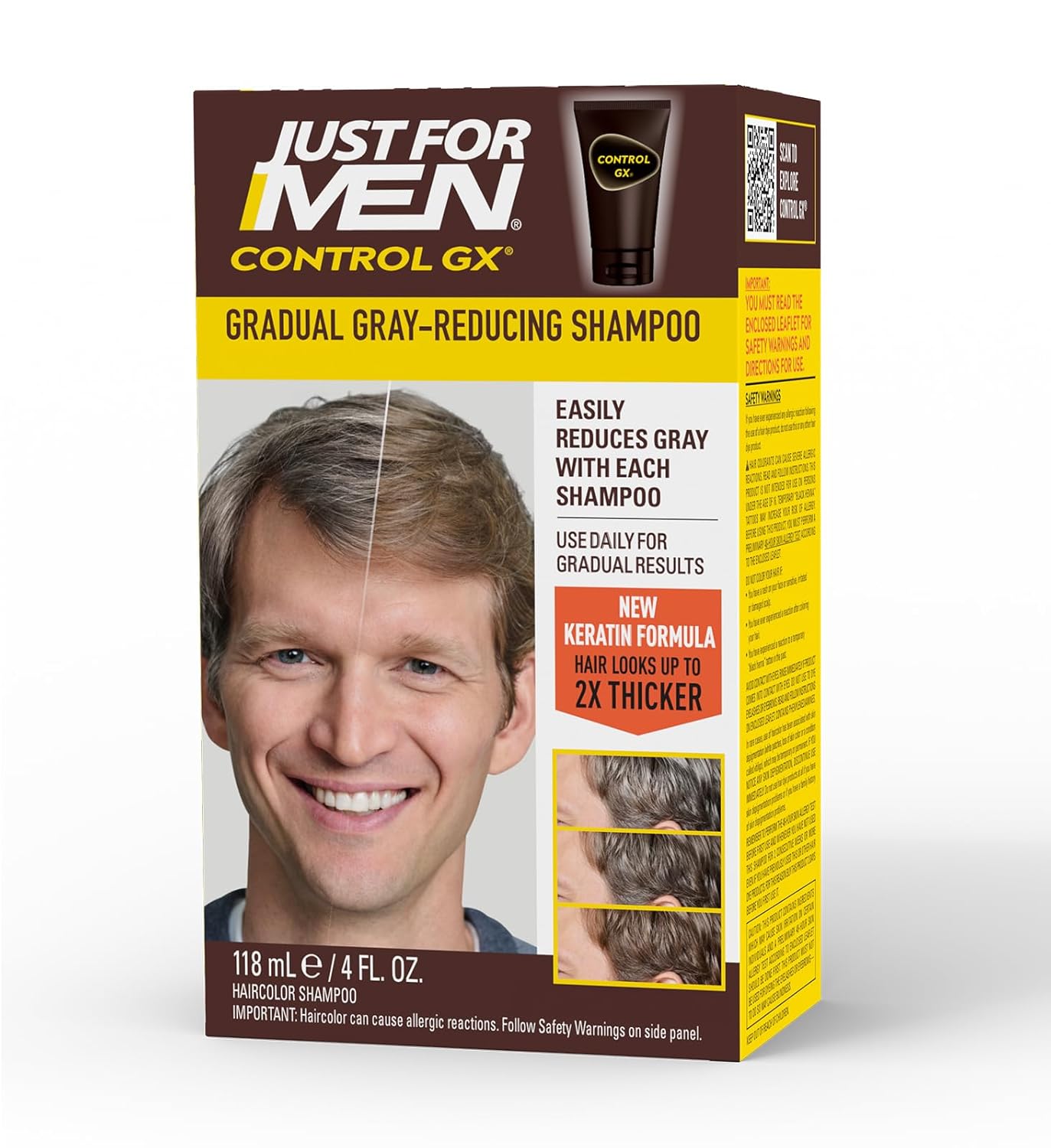 Just for Men Control GX Grey Reducing Shampoo for Lighter Shades of Hair, Blonde to Medium Brown, Gradual Hair Color with Keratin, 4 Fl Oz - Pack of 1 (Packaging May Vary)