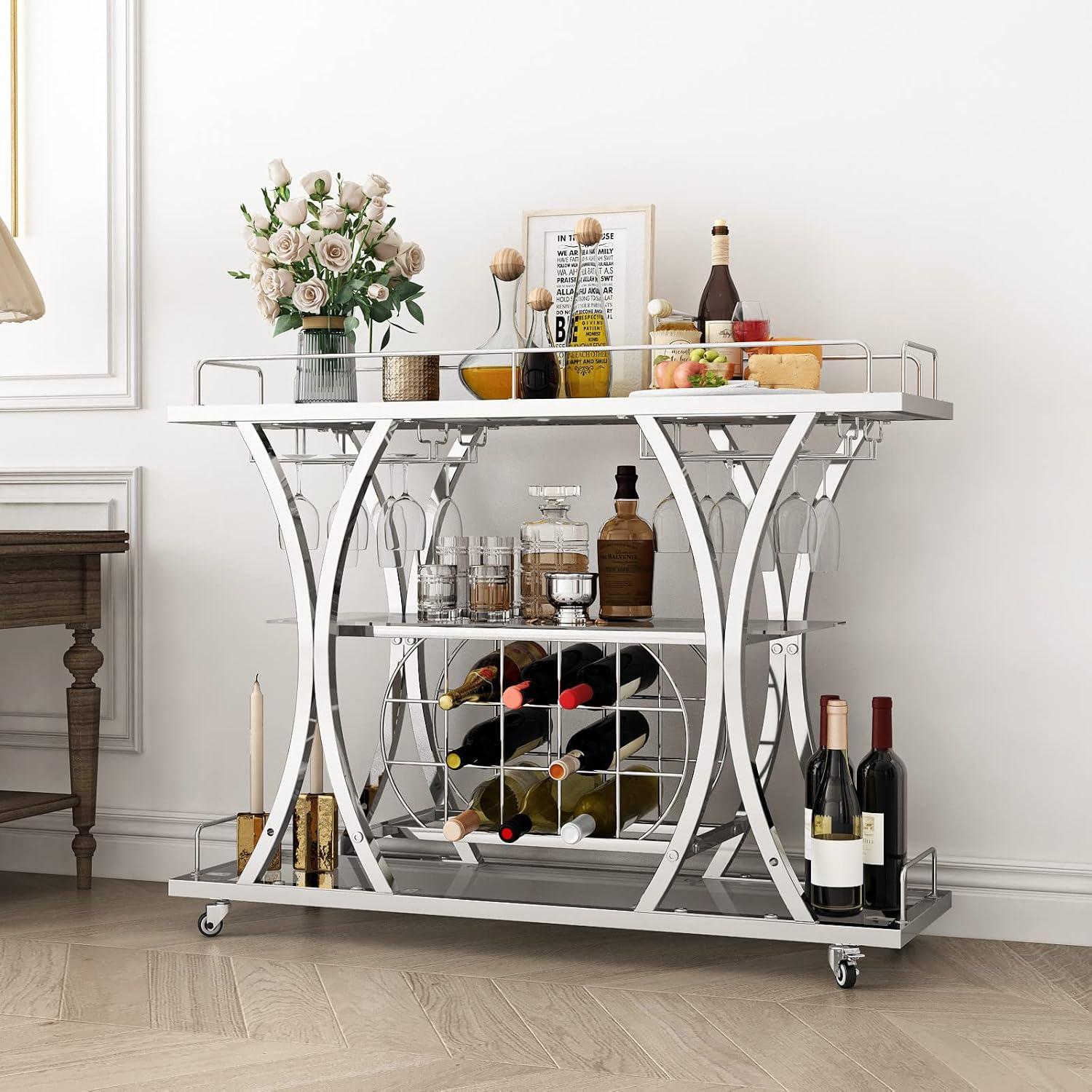 Silver Bar Carts with Glass Holders & Wine Rack,3 Tier Home Bar Serving Carts with Glass Shelves,Metal Rolling Bar Carts for The Home Kitchen, Party