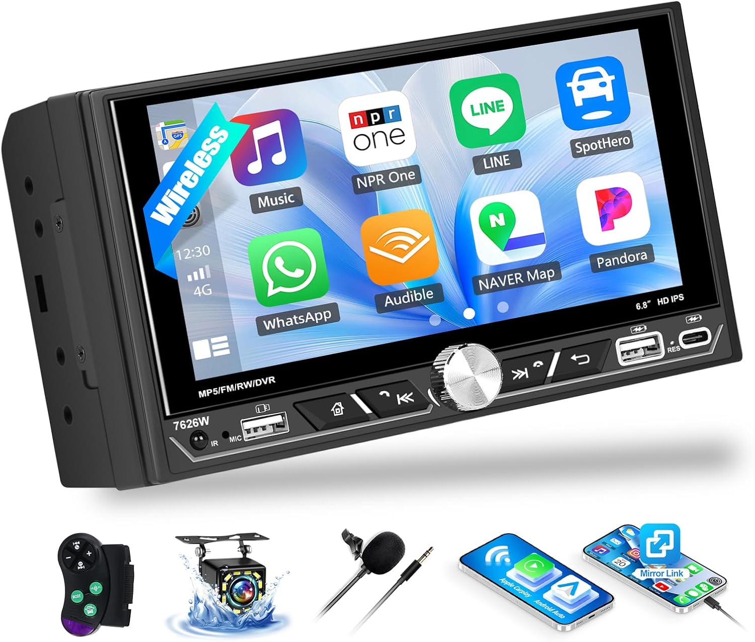 OiLiehu Double Din Car Stereo with Wireless CarPlay Android Auto, 6.8" Car Radio with IPS Touchscreen, MP5 Multimedia Player with Mirror Link, Bluetooth, FM/AM/RDS, USB, Type-C, EQ, SWC, Back Camera
