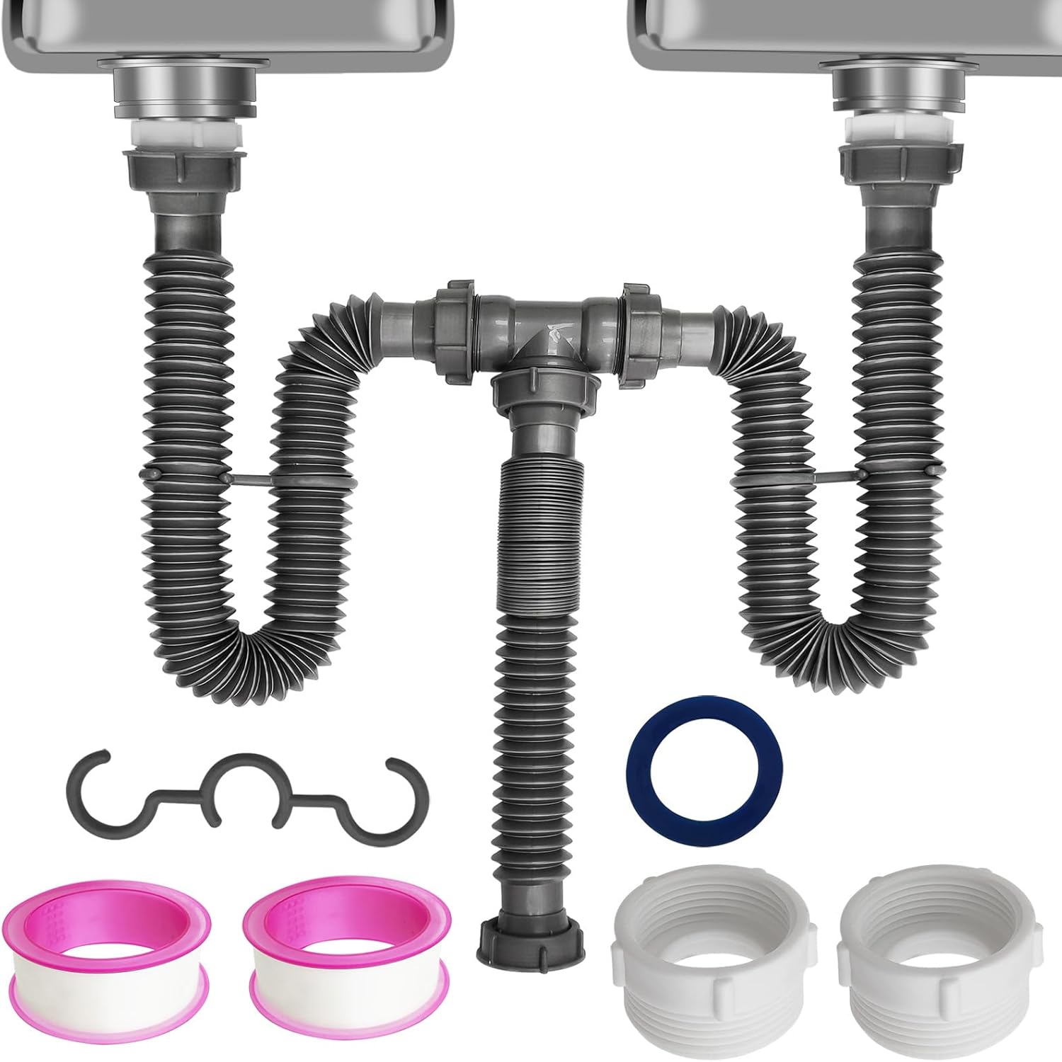 Flexible Expandable Double P-Trap Kit for 1 1/2" or 1 1/4" Double Bowl Sink Drain, Tube Pipes Kit Fit for Kitchen, Bathroom, Complete with Sealing Ring, Tape, and Tubing