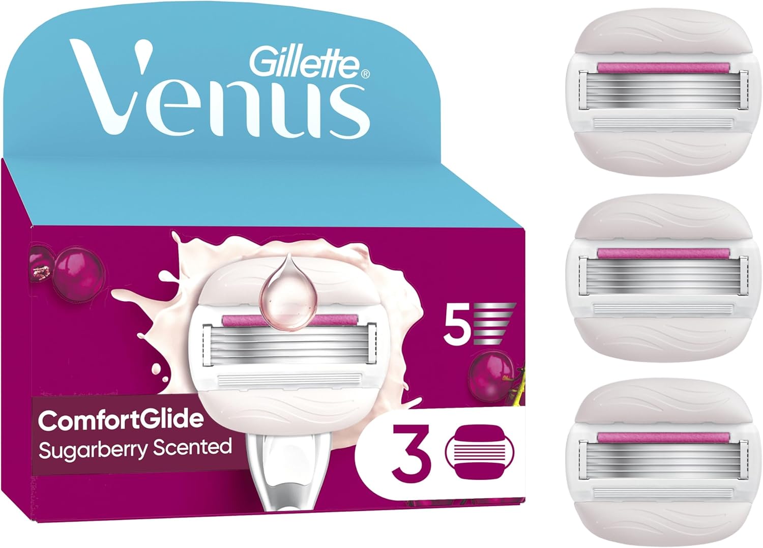 Gillette Venus Comfortglide Sugarberry plus Olay Women's Razor Blade Refills, Pack of 3, 5 blades for a smooth, close shave that lasts