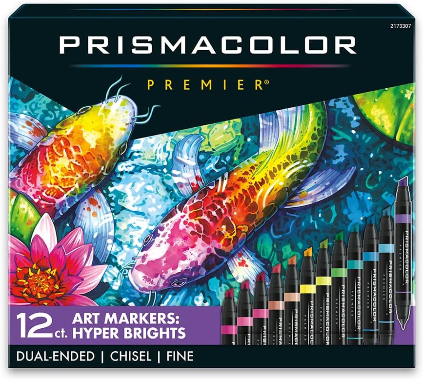 Prismacolor Premier Dual-Ended Art Markers Chisel Tip and Fine Tip Hyper Bright Colors Adult Coloring 12 Count
