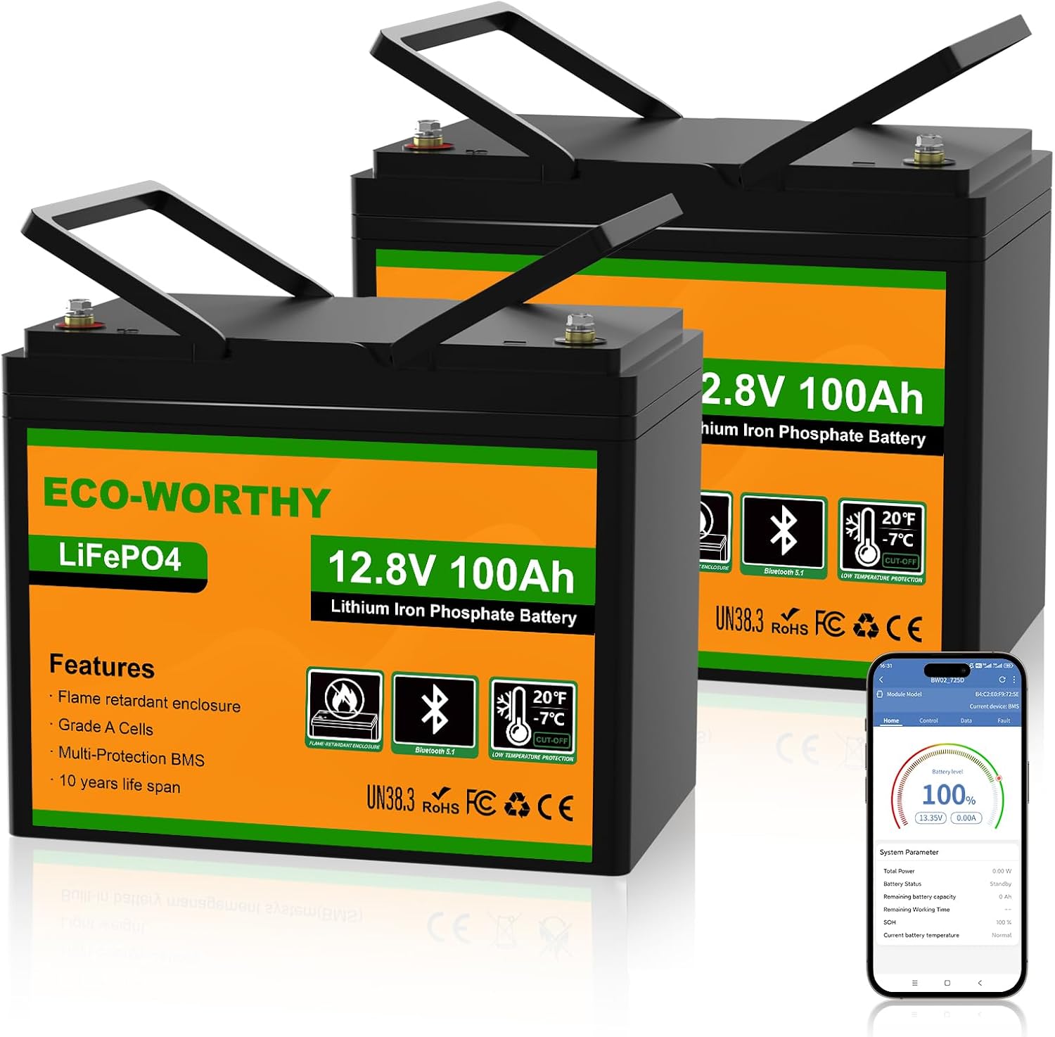 ECO-WORTHY 2-Pack 12V 100Ah LiFePO4 Battery with Bluetooth, Low-Temp | 1280Wh per battery, 100A BMS, Bluetooth, low-temp cutoff, flame-retardant,Group 24 size. For RV, marine, motorhome, off-grid
