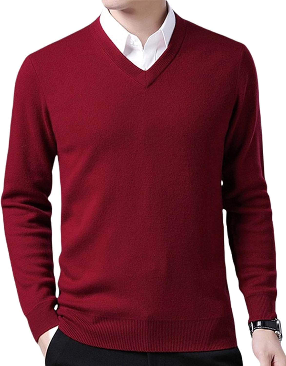 FULIER Men's V-Neck Jumper Cashmere Knitted Pullover Casual Long Sleeve Sweater Basic Sweatshirt Winter Jumper