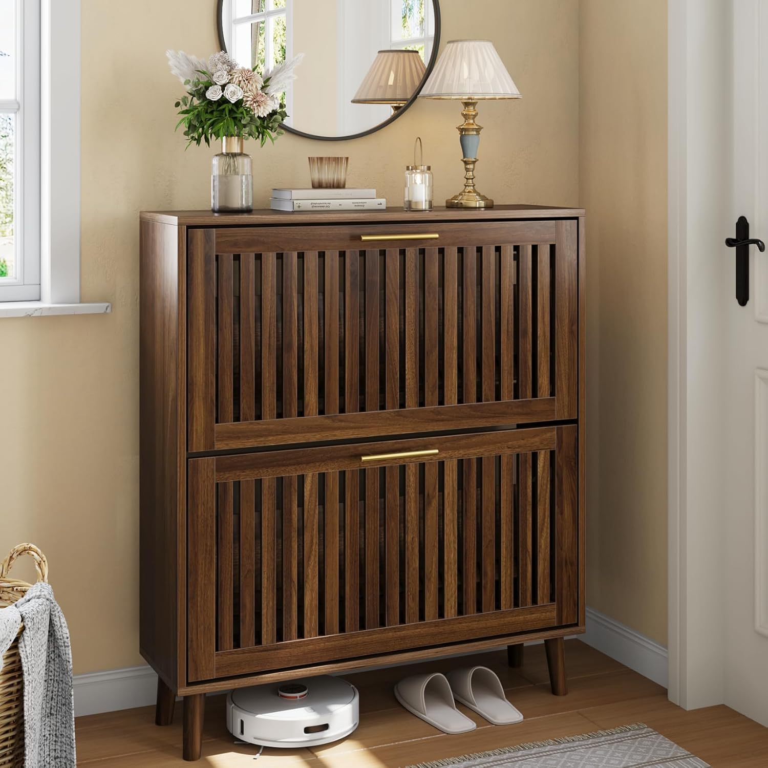 Shoe Cabinet with 2 Flip Louvered Drawers, Wooden Shoe Storage Cabinet with Gold Handle, Mid-Century Modern Freestanding Shoe Organizer Cabinet for Entryway, Hallway, Walnut, 31.5" W