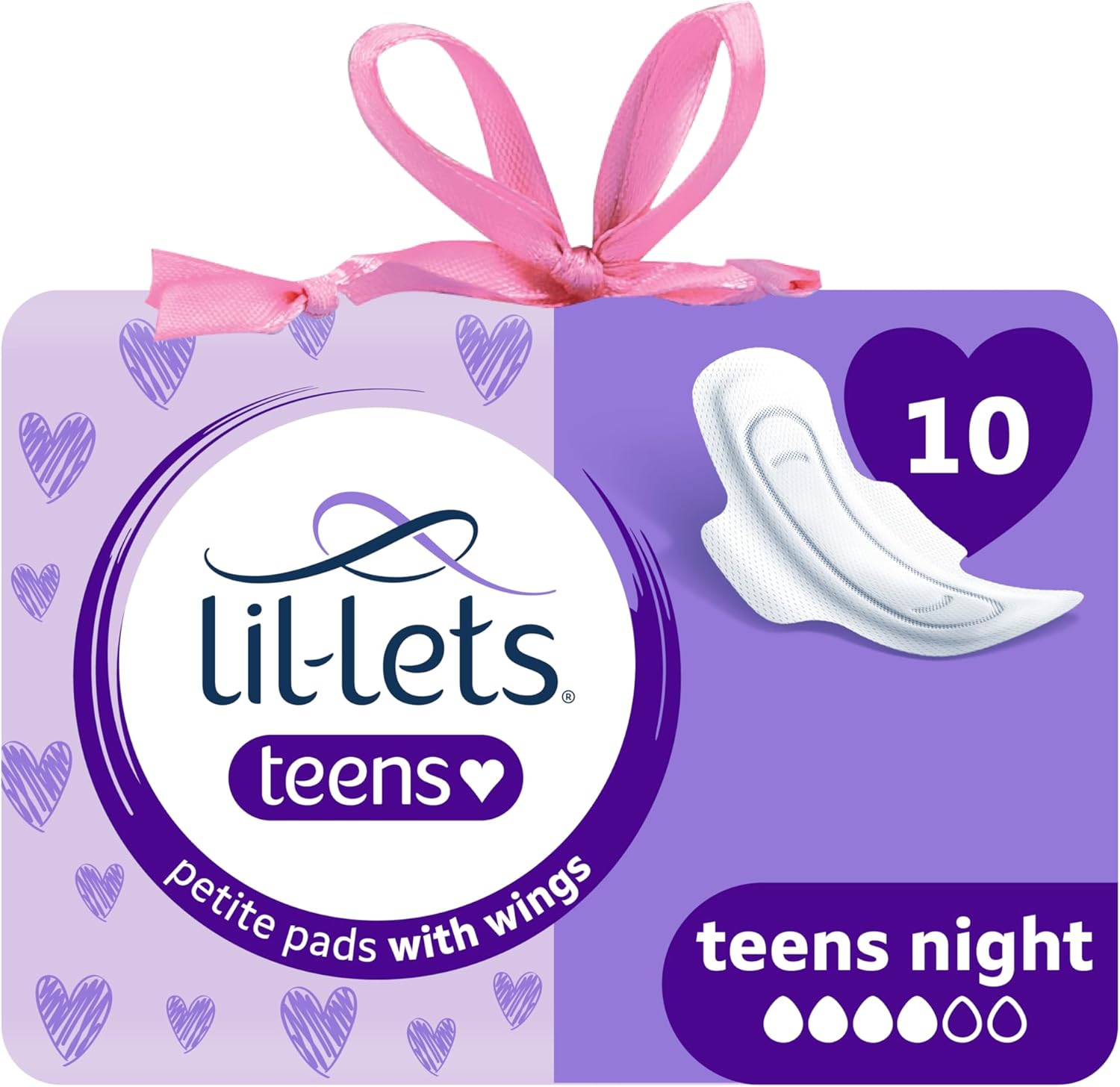 Lil-Lets Teens Night Pads X 10, Petite Towels For Girls & Teenagers, With Wings, For Heavy Flow, Unscented, Soft & Breathable, First Period Sanitary Towels, 1 Pack of 10 Pads