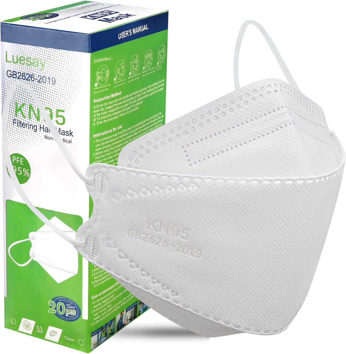 kn95 Face Masks 20 Pack, Breathable Comfortable and Disposable KN95 Mask, White
