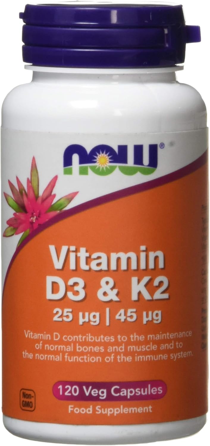 Now Foods Vitamin D3 and K2 Veg Capsules, 25 mcg/45 mcg, Pack of 120