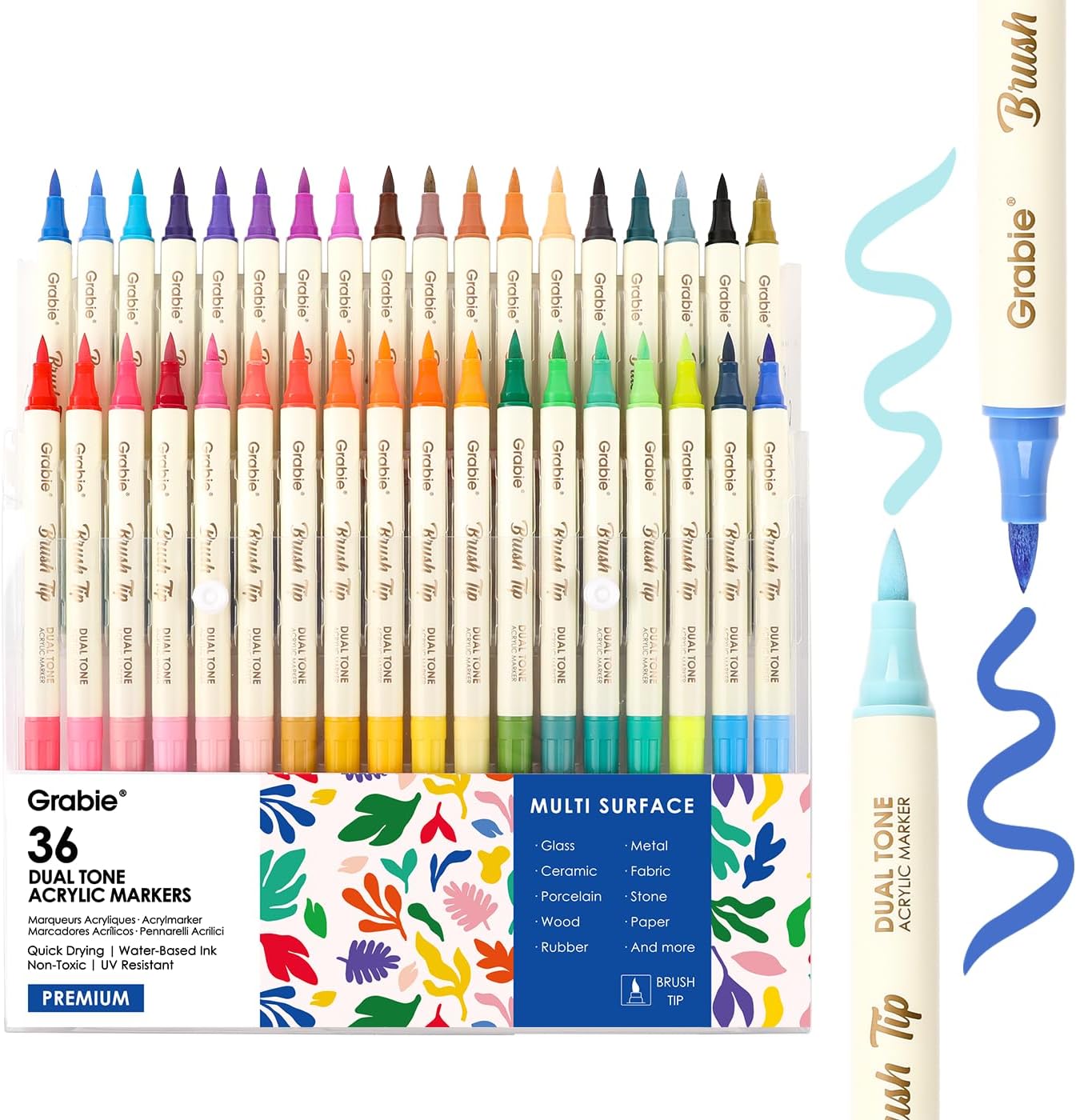 Grabie 72 Colors Paint Markers, Acrylic Paint Pens with 36 Dual-Color Brush Tips, Double Tipped Waterbased Markers for Rocks, Acrylic Drawing Marker for Art Supplies | 72 Colours in 36 Markers,Dual Tip Soft Brush Design,Water-Based Acrylic Ink For Paper, Rock, Wood, Canvas, Glass & Fabric