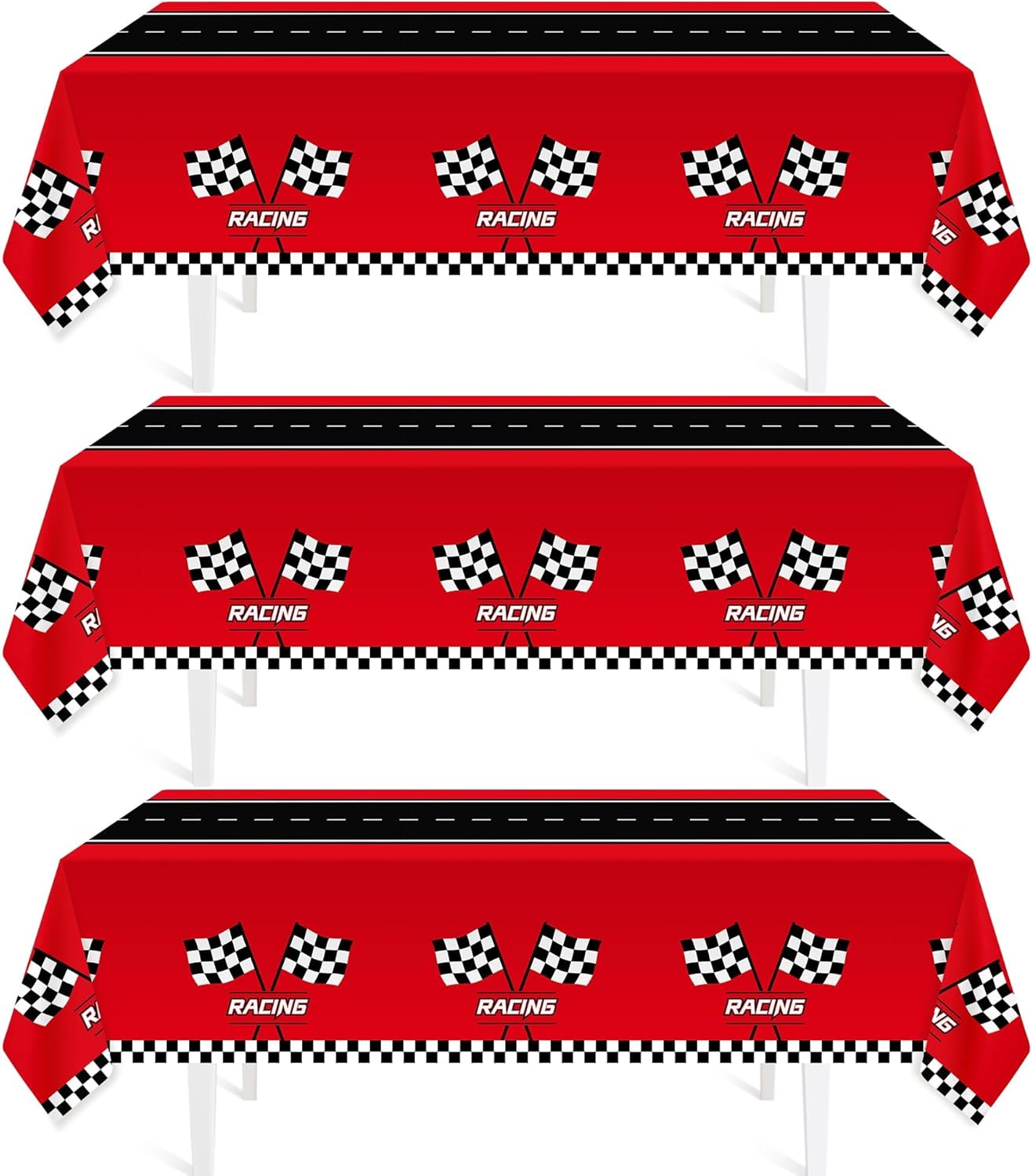 Childom 3Pcs Racing Car Plastic Tablecloth, Race Birthday Party Decorations, 54'' x 108'' Checkered Table Cloth Decor, Favors Rectangular Tablecloth for Boys Baby Shower Home