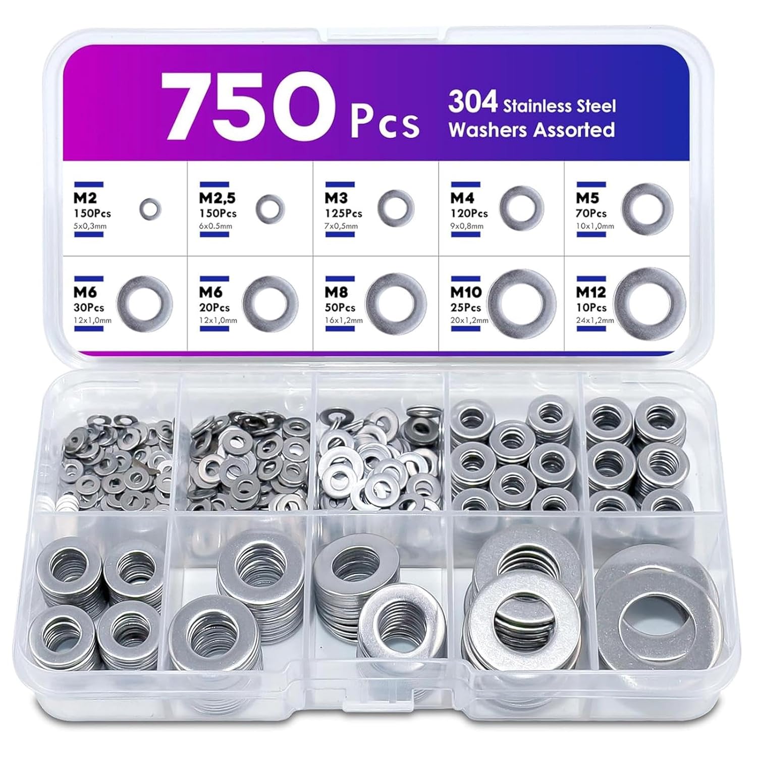 750Pcs Washers for Screws, 9 Sizes 304 Stainless Steel Washer for Bolts M 2 -M12 Flat Washers Hardware Assortment Set for Home Factories Repair Construction(COLOR:silver)