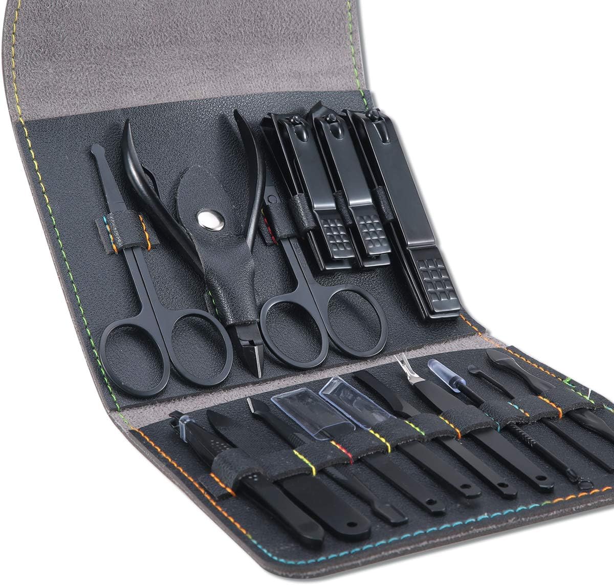 Leipple Manicure Set Professional Pedicure Kit Nail Care Tools - 16 in 1 Stainless Steel Nail Clippers Tools - Grooming Kit with Luxurious Leather Travel Case (Black)