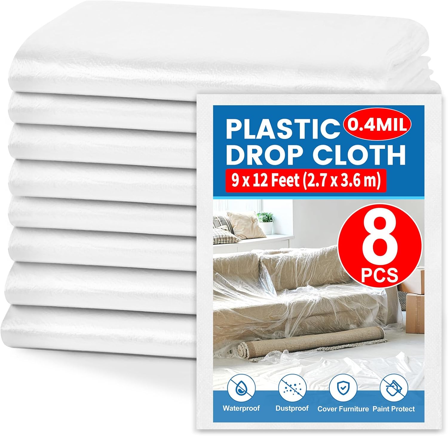 8 Pack Plastic Drop Cloth, 9 x 12 Feet Plastic Sheeting, Painter's Sheeting & Tarps for Painting, Dustproof Painters Plastic Tarp for Furniture Cover