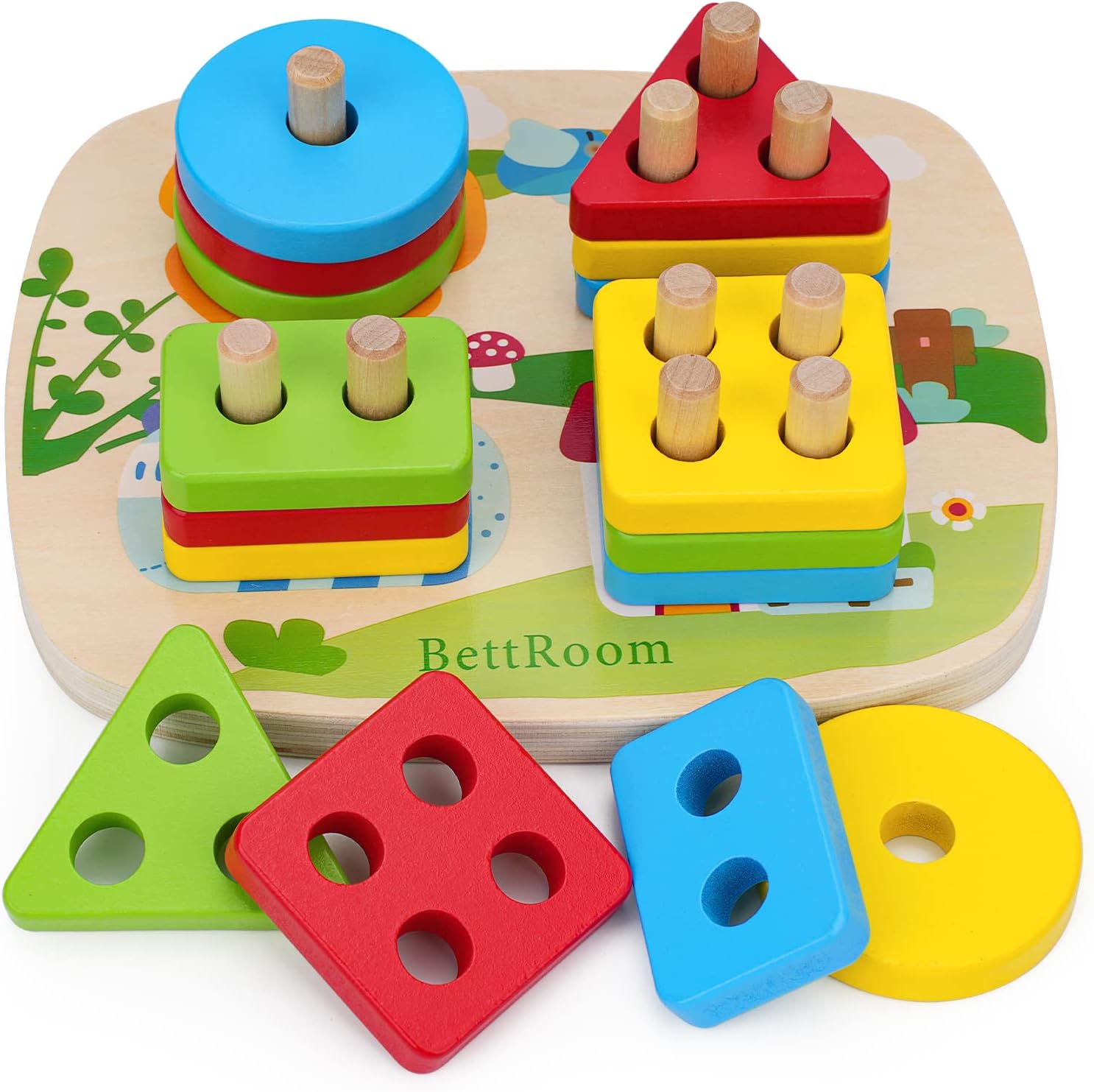 BettRoom Toddler Toys 1 2 Year Old, Montessori Stacking Toys Colourful Wooden Sensory Toy Pre-school Learning Shape Sorter Judgment Geometry Building Blocks Stack Classification Puzzle