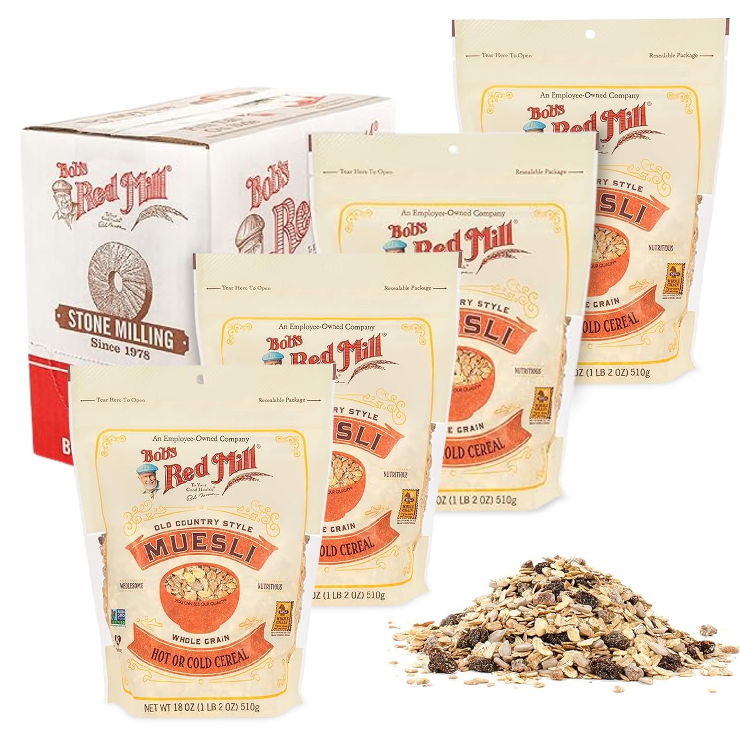 Generic Muesli – Old Country Style Muesli Cereal – 18oz Whole Grain Muesli with Rolled Oats, Raisins, Almonds, Walnuts – Muesli Oats for Hot and Cold Cereal – 4-Pack, Resealable Bags