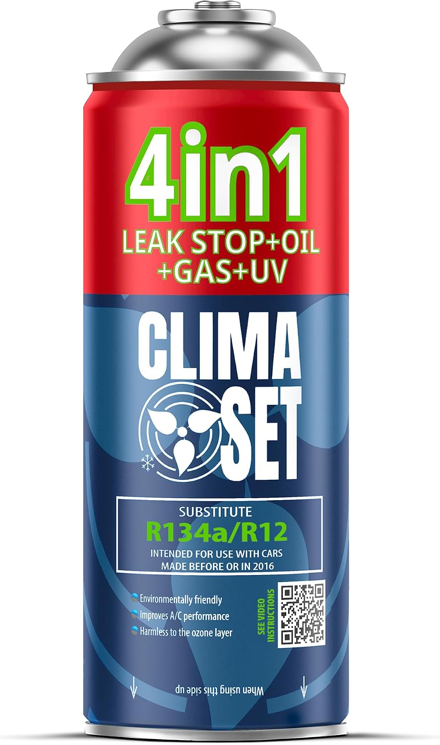 CLIMASET - 4in1 Aircon Top Up Gas r134a, Oil, Leak Sealer with UV Dye - AC Gas Refill and Leak Detection Kit - Air Conditioning Car Recharge Kit