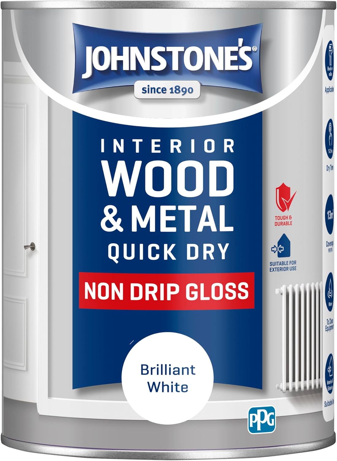 Johnstone's - Wood & Metal Paint - Gloss Finish - Brilliant White - 1.25l - Water Based - Non Drip & Quick Drying - Radiator Paint - Low Odour - Dry in 1-2 Hours - 8m2 Coverage per Litre