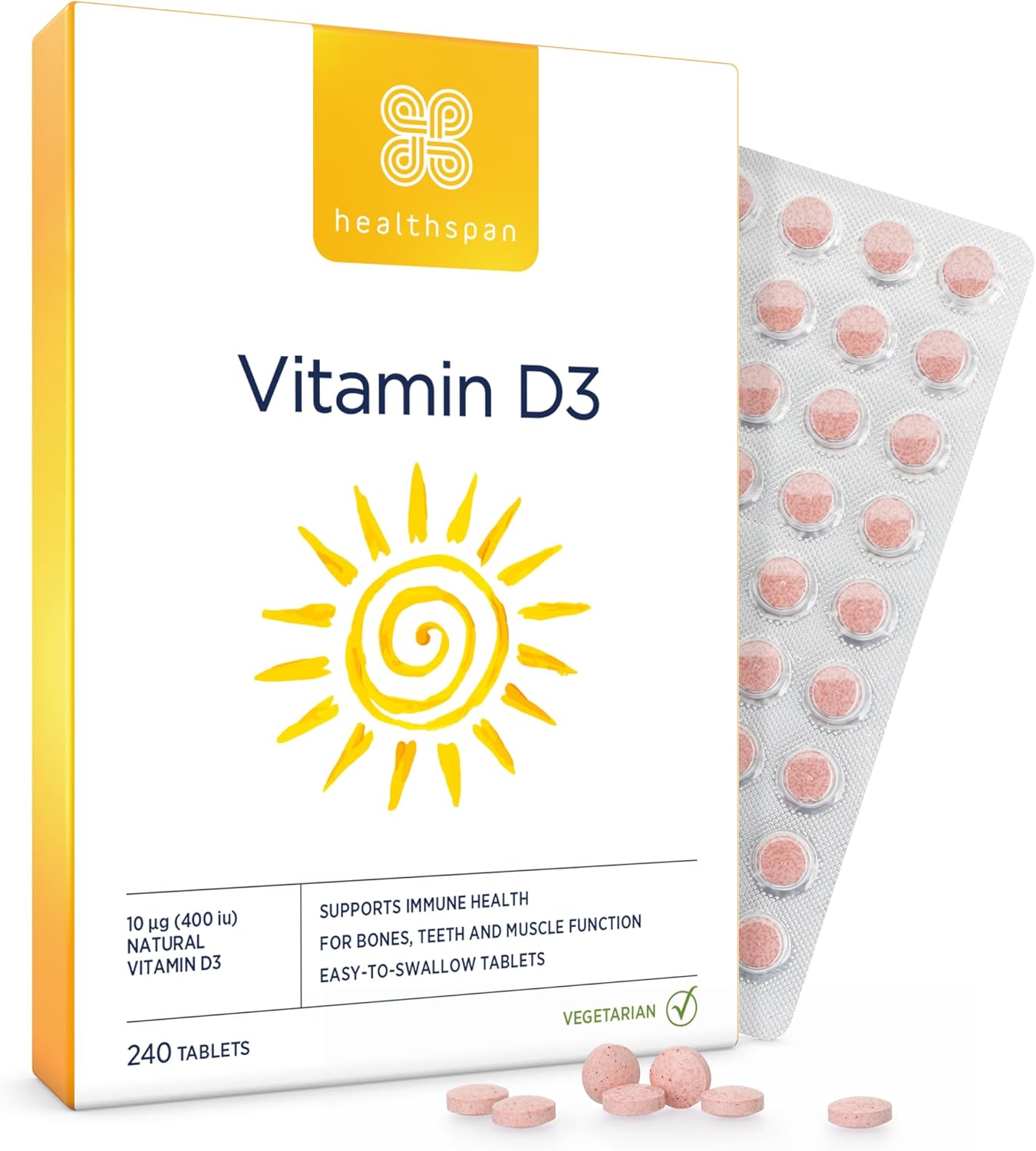 Healthspan Vitamin D3 10µg (8 Months' Supply) | Support Your Immune Health & Promotes Healthy Bones, Teeth & Muscles | Vegetarian