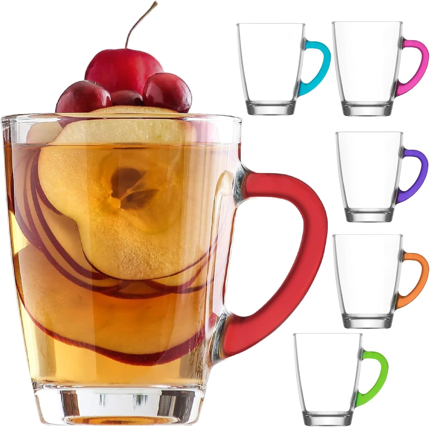 Hakan Clear Glass Coffee Mugs for Hot Beverages Set of 6, 10.25 Oz (300cc) Lav Vega Teacups with Colorful Handles, Glass Tea Cups, Herbal Tea Coffee Espresso Cappuccino Latte Mug, Mothers Day Gift