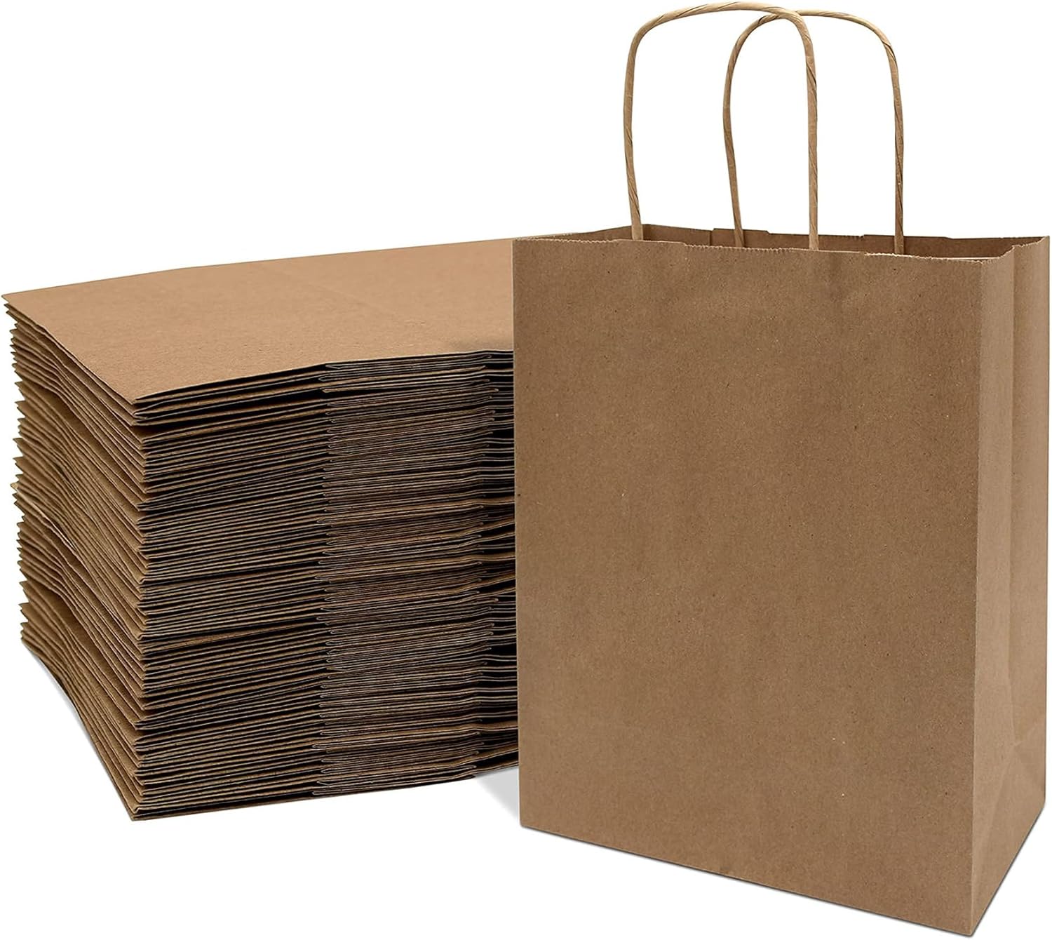 Prime Line Packaging - 8x4x10 Inch 100 Pack Kraft Paper Bags, Brown Gift Bags with Handles, Small Craft Shopping Bags in Bulk for Boutiques, Small Business, Retail Stores, Gifts & Merchandise