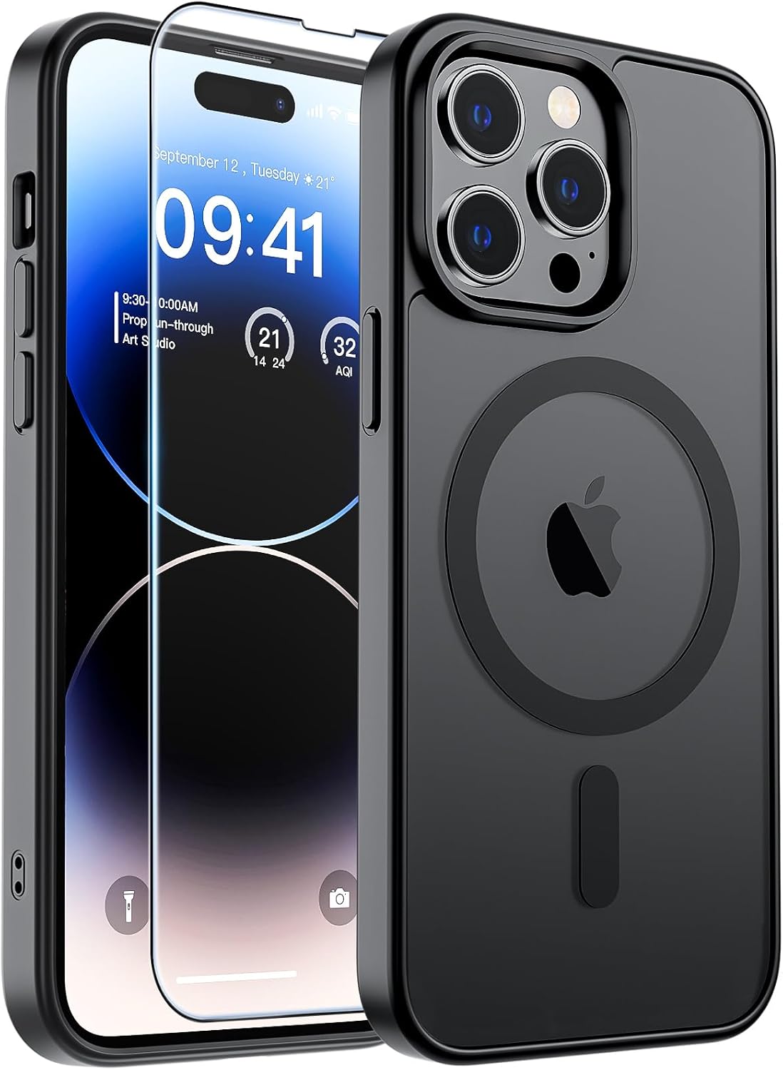 SUPFINE Magnetic for iPhone 14 Pro Max Case Black | With Screen Protector, Translucent Matte, Compatible with MagSafe, Military Grade Drop Proof, Rugged Shockproof Protective
