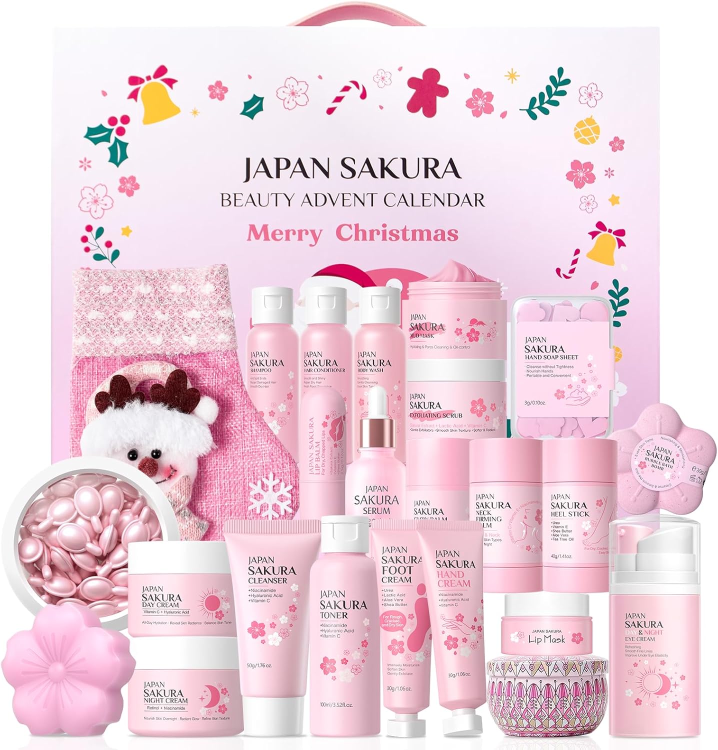 Sakura Beauty Advent Calendar 2025, 24 Luxury Skincare & Body Care Surprises with Serum, Creams, Masks, Shampoo, Bath Bomb & Candle, Christmas Countdown Self Care Pamper Set for Women, Holiday Gifting
