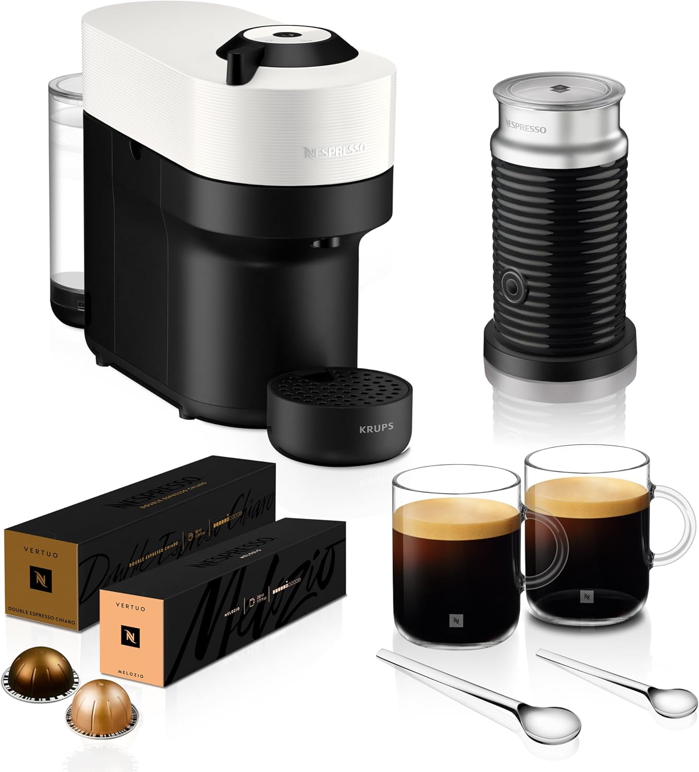 Nespresso Krups Vertuo Pop Coffee Pod Machine, Baritsa Bundle, includes White Vertuo Pop Coffee Pod Machine, 1x Milk Frother, 2x Mugs, 2x spoons, Melozio coffee pods & Chiaro coffee pods