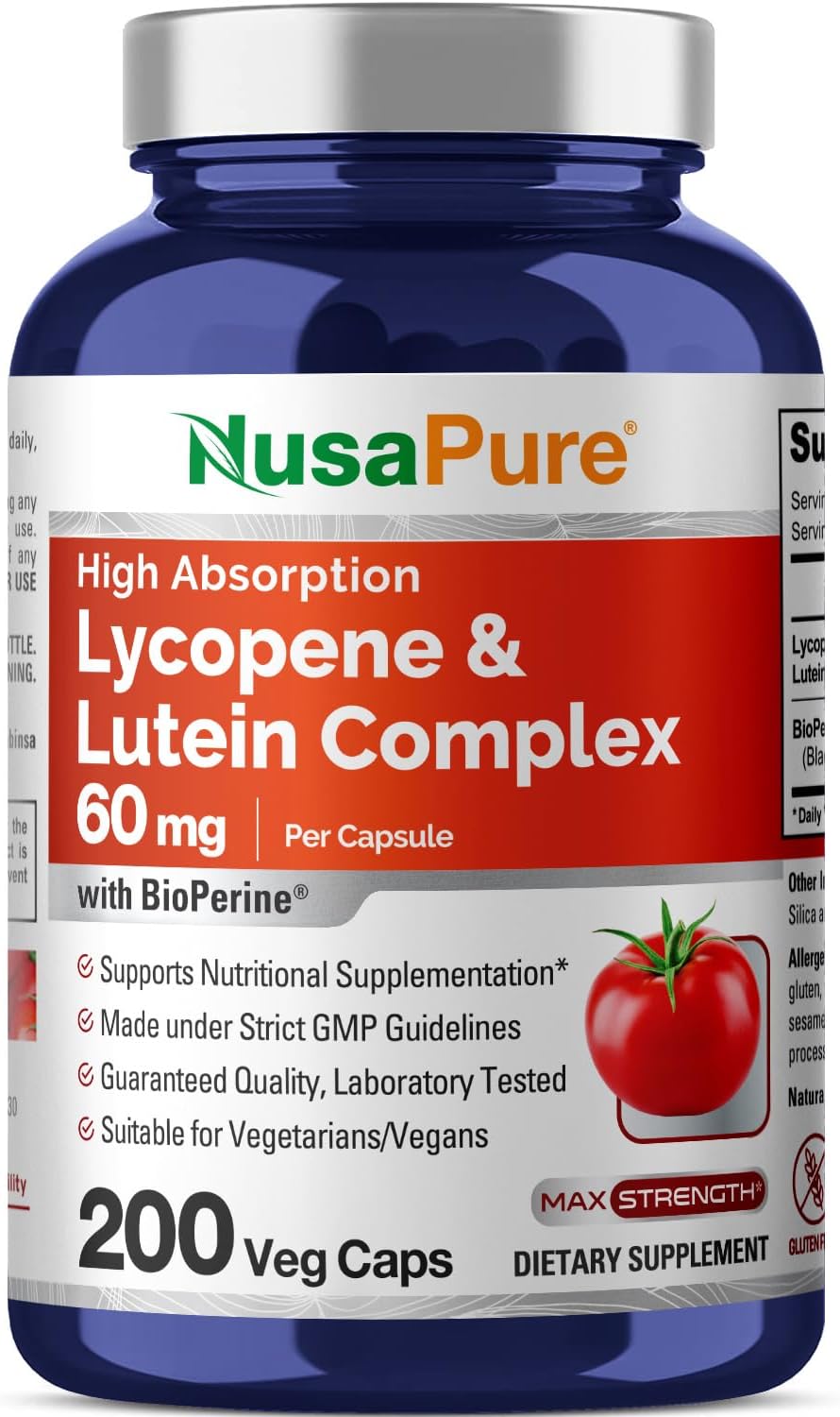 NusaPure Lycopene & Lutein Complex 60mg per Caps, 200 Veggie Capsules (Non-GMO, Vegan)