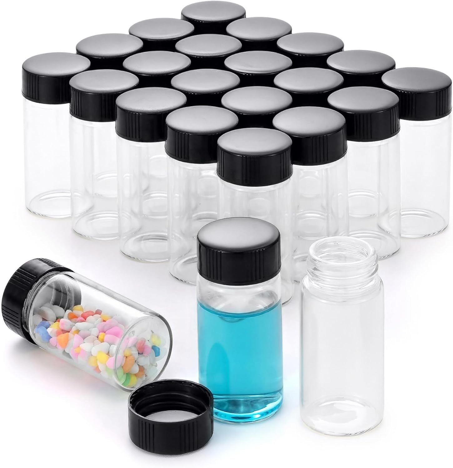 Kesell 20-Pack 20ml Glass Vials with Screw Caps - Small Vials for Essential Oil, and Specimen Samples - Clear Bottles with Lids