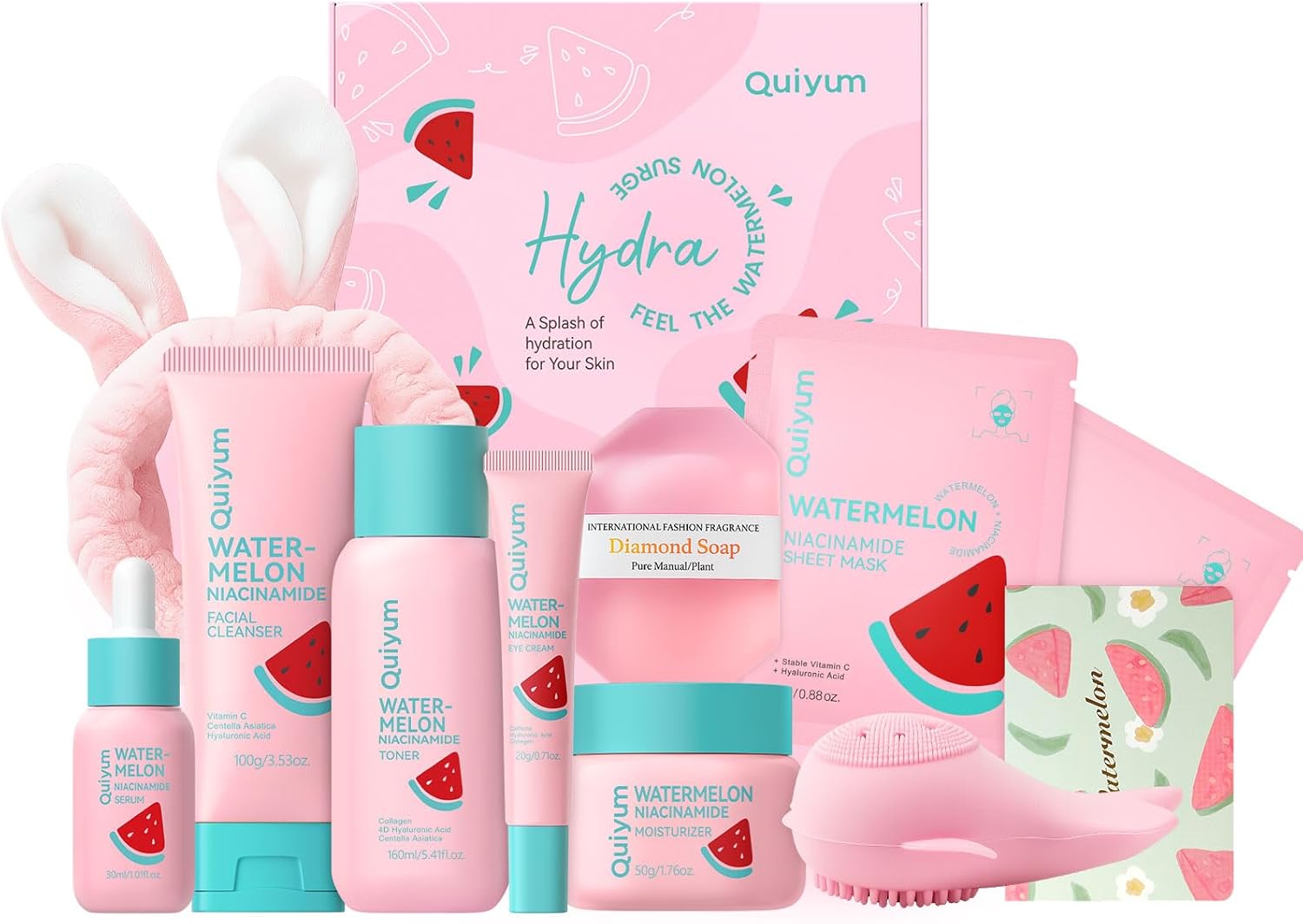 Watermelon Skincare Set, 7PCS Facial Routine Kit with Niacinamide, Hyaluronic Acid & Collagen for Hydrating, Radiance & Daily Glow, Christmas Birthday Pamper Gifts for Women Teenage Girls