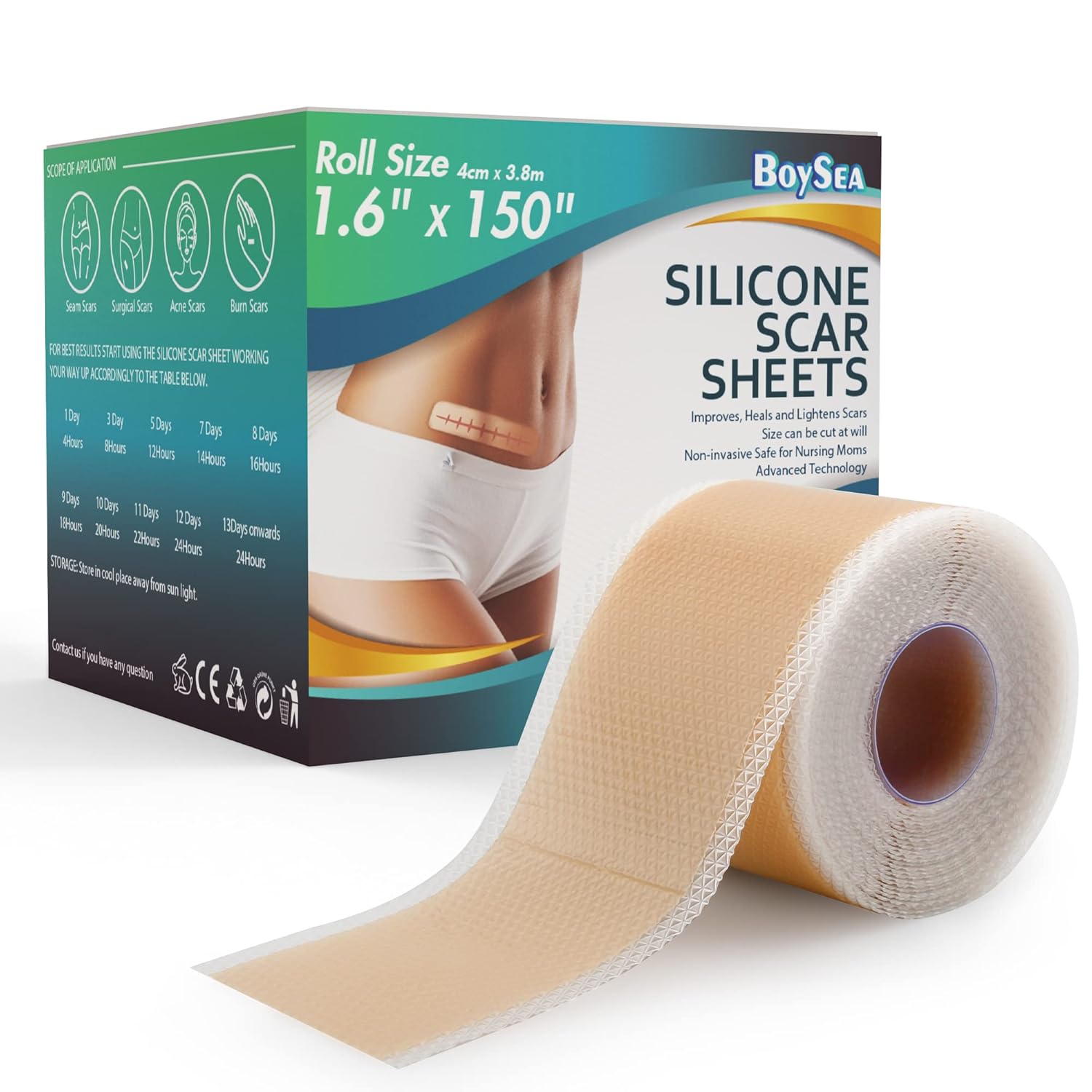 Professional Silicone Scar Sheets (1.6" x 150" Scar Roll-3.8M) - Scars Removal Treatment - Reusable Silicone Scar Tape Strips Type for Keloid, C-Section, Surgery, Burn, Acne et