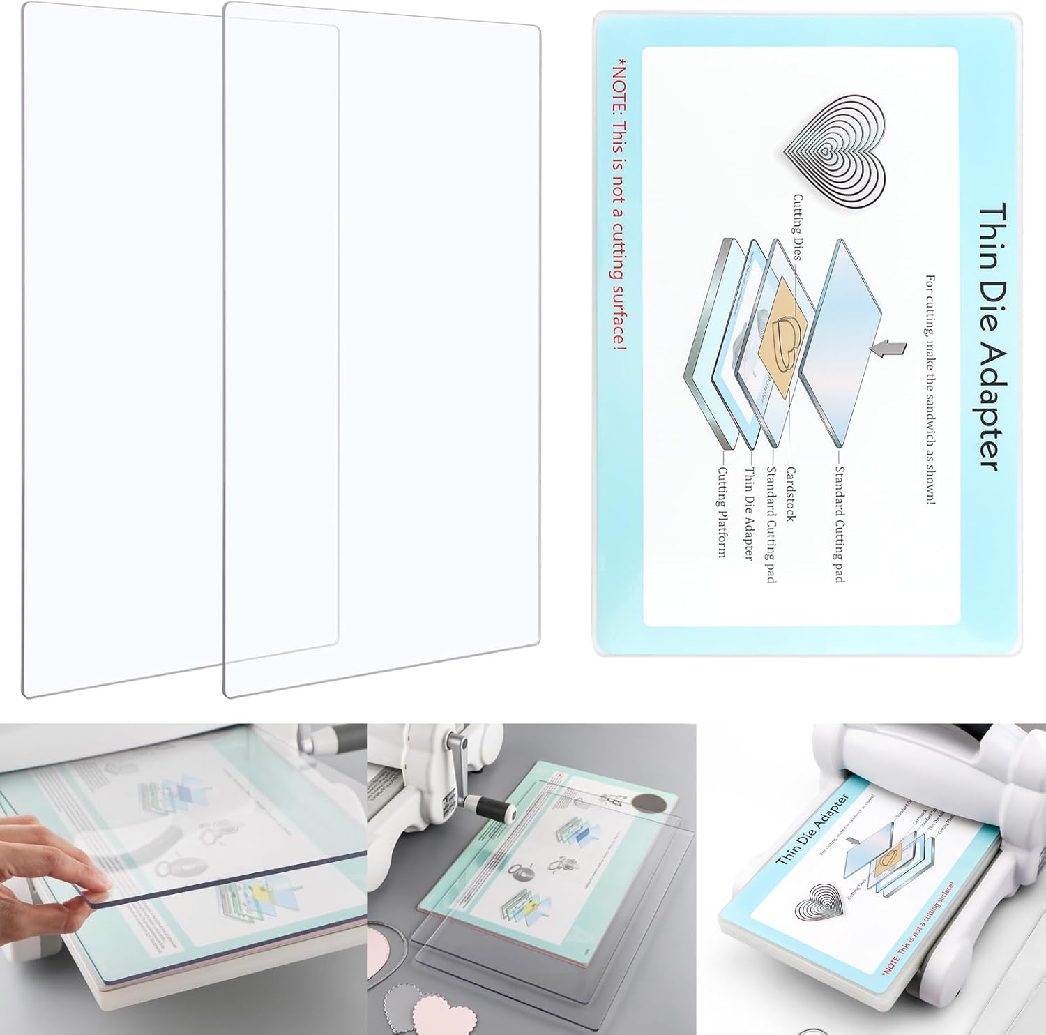 2 Pcs Standard Cutting Pads and 1 Pcs Thin Die Adapter for Die Cutting Machine, PC Plastic Standard Adapter Pad for Metal Cutting Dies Machine DIY Scrapbooking Paper Crafting Plastic Cutting Plates