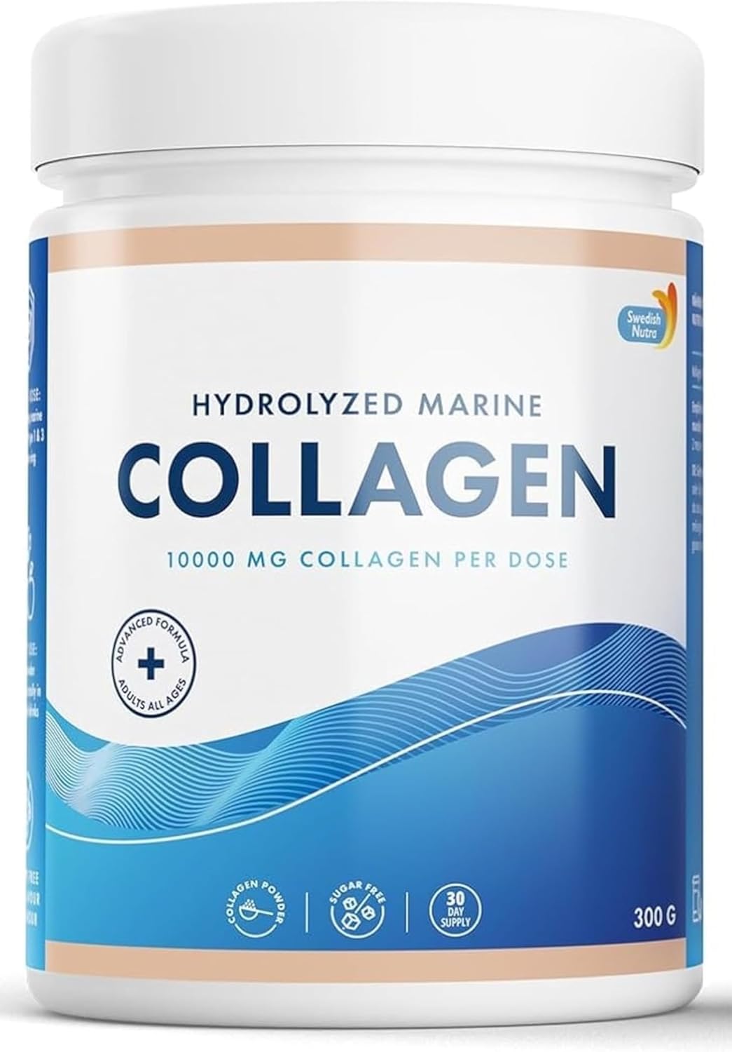 Swedish Nutra - 100% Marine Collagen Powder 300g I Hydrolyzed Collagen Powder (Type I & III) I Healthy Skin, Hair & Nails I High Absorption I Odorless & Unflavoured I Easy Mix