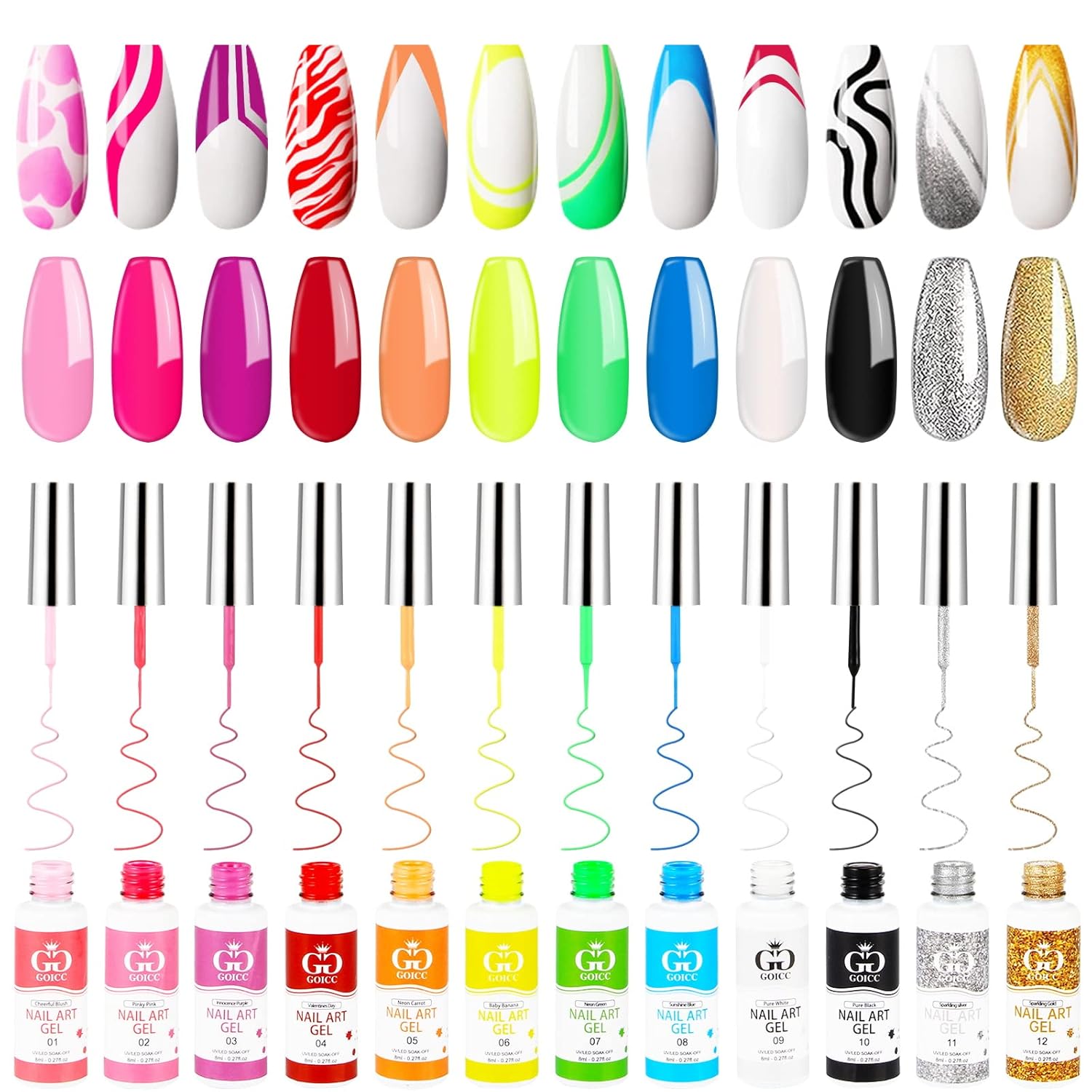 Nail Art Polish Set Gel Liner Kit For Nail Design Polish Paint For Nail 12 Colors Black White Gel Nail Polish Soak off Curing Requires 8ml with Thin Nail Art Brush