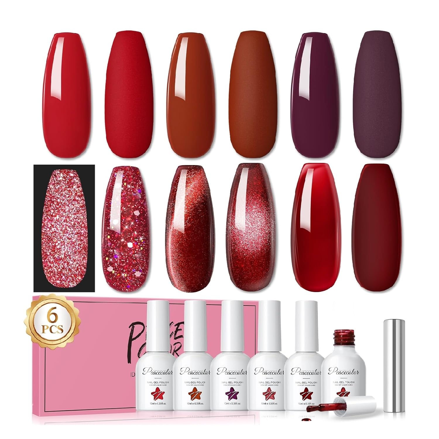PEACECOLOR Red Gel Polish Set 6 Colors Glitter Red Cat Eye Nail Polish with Jelly Gel Polish Burgundy Brown 10ML Soak Off U V Lamp Gifts for Women Girls DIY Home Salon