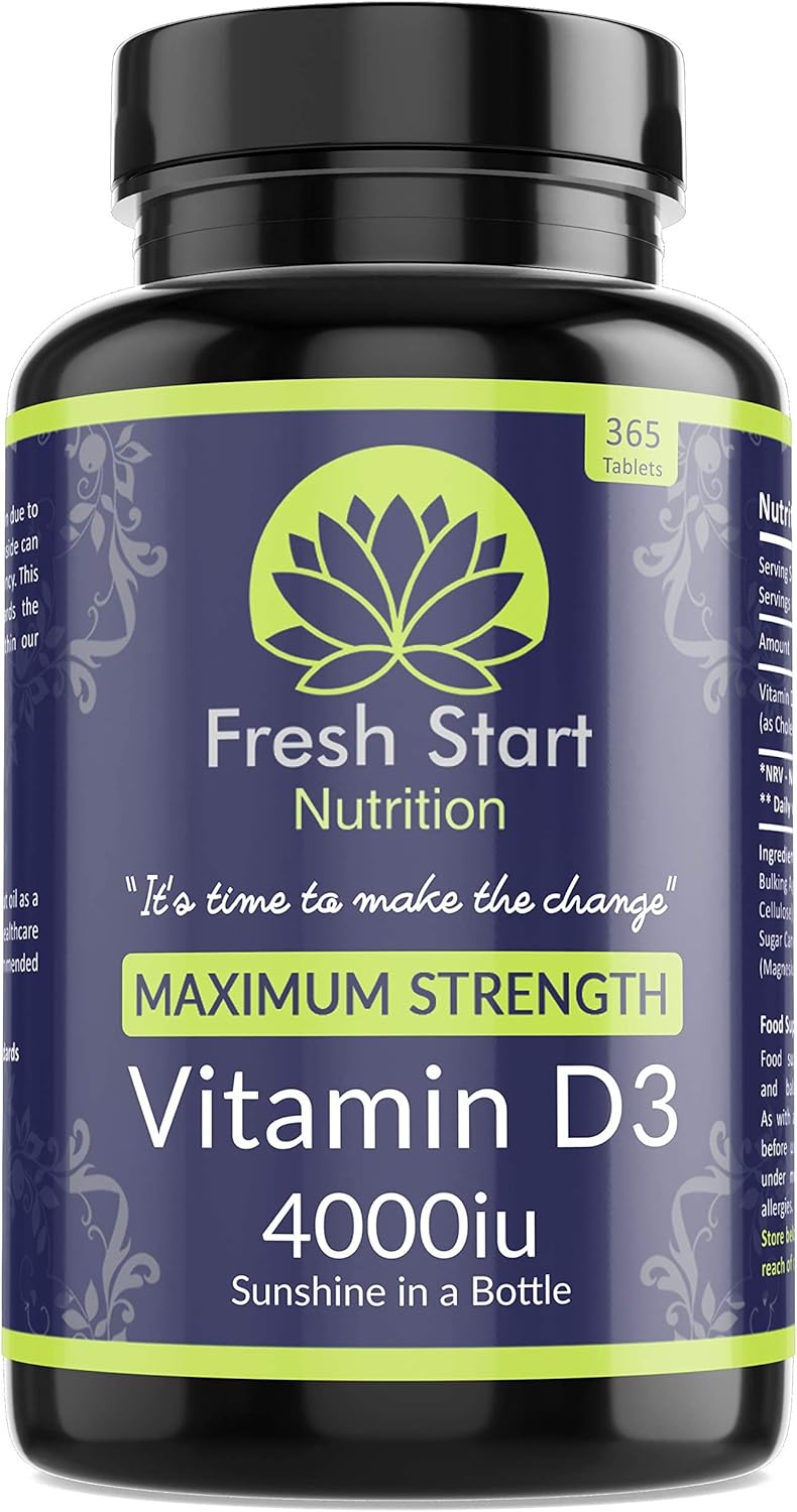Vitamin D 4000 iu High Strength Premium Vitamin D3 Immune Support Tablets - 1 Year Supply Vegetarian Tiny Vitamin D3 4000iu Pills - VIT D Supplement Cholecalciferol - UK Made Fresh Start Nutrition