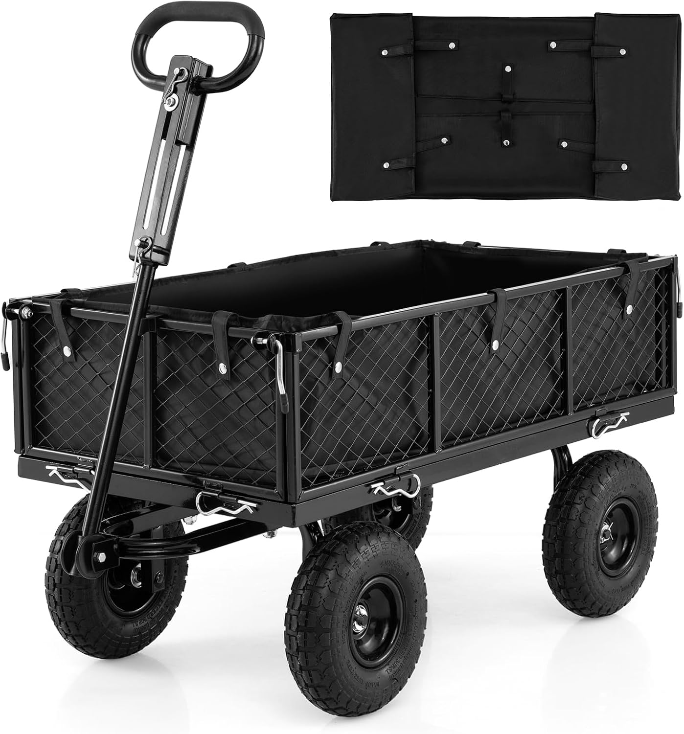 Goplus 880lbs Heavy Duty Garden Cart, Metal Utility Wagon Cart with Removable Oxford Cloth Liner & Mesh Sides, 10" Pneumatic Tires, 180° Rotating Handle for Yard, Lawn
