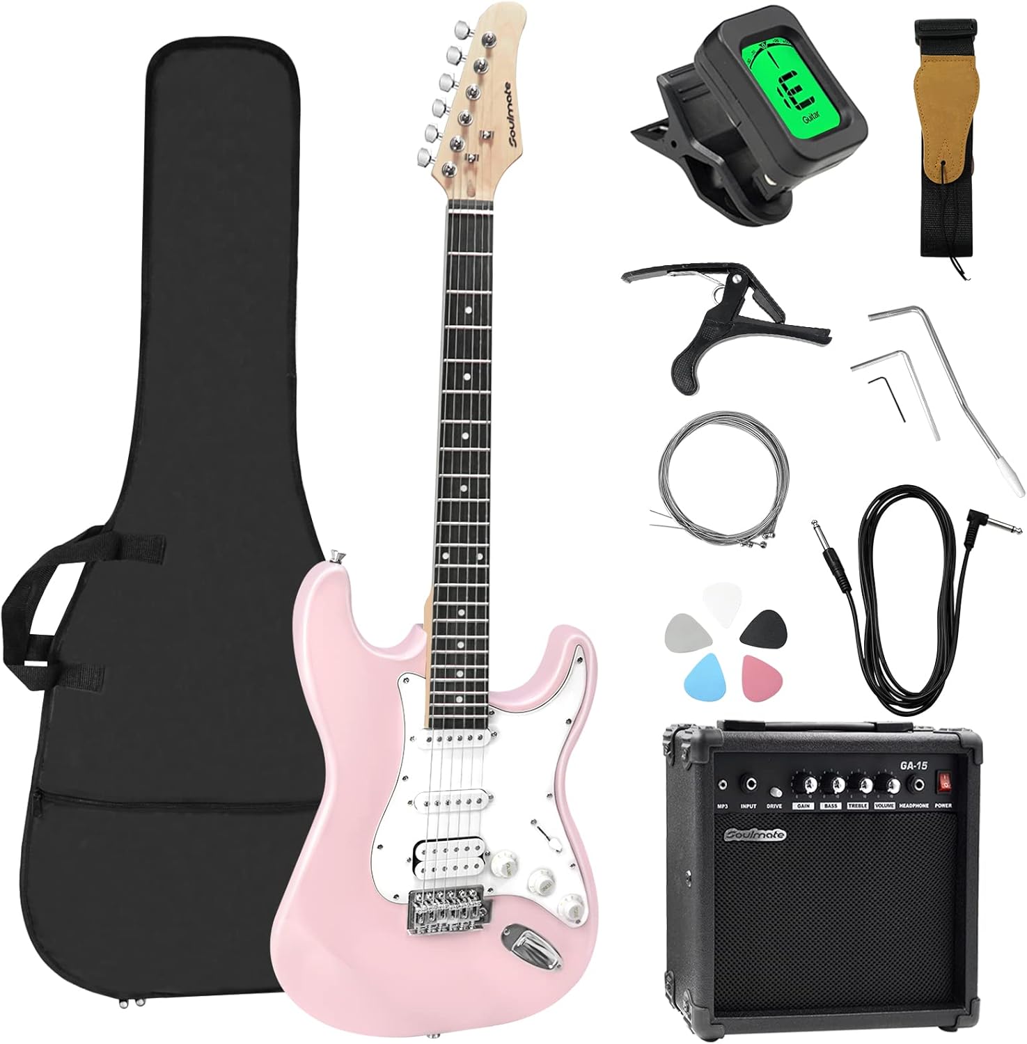 Soulmate 39 Inch Full Size Electric Guitar Starter Kit for Beginners Solid Body, HSS Pickups with 15W Amp, Gig Bag, Digital Tuner, Capo, Strap, Strings, Cable, Picks (Right-Handed,Pink)