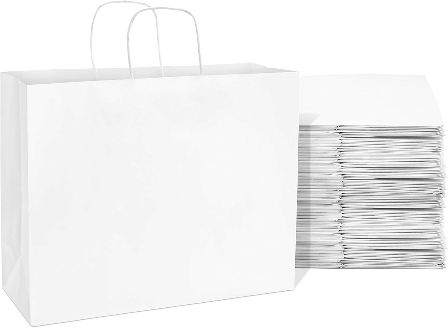 Prime Line Packaging 16x6x12 200 Pack Boutique Bags, Small Business, Food Storage Bags, White Kraft Paper Bags, Large Shopping Bags with Handles, Bulk